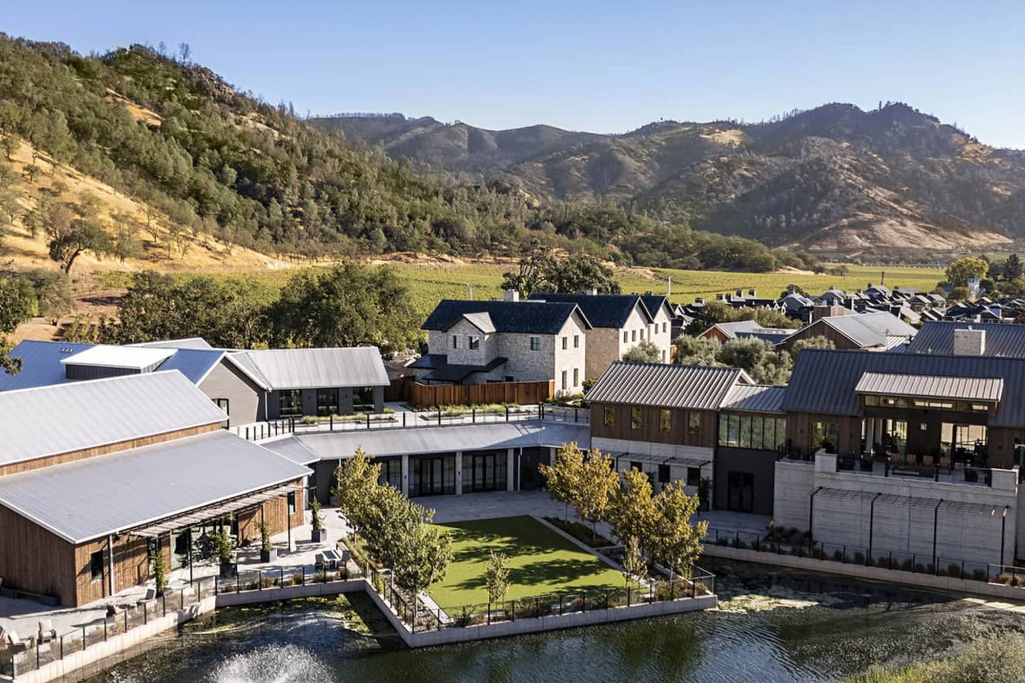 Four Seasons Napa Valley hotel exterior integrated into vineyard landscape in California wine country