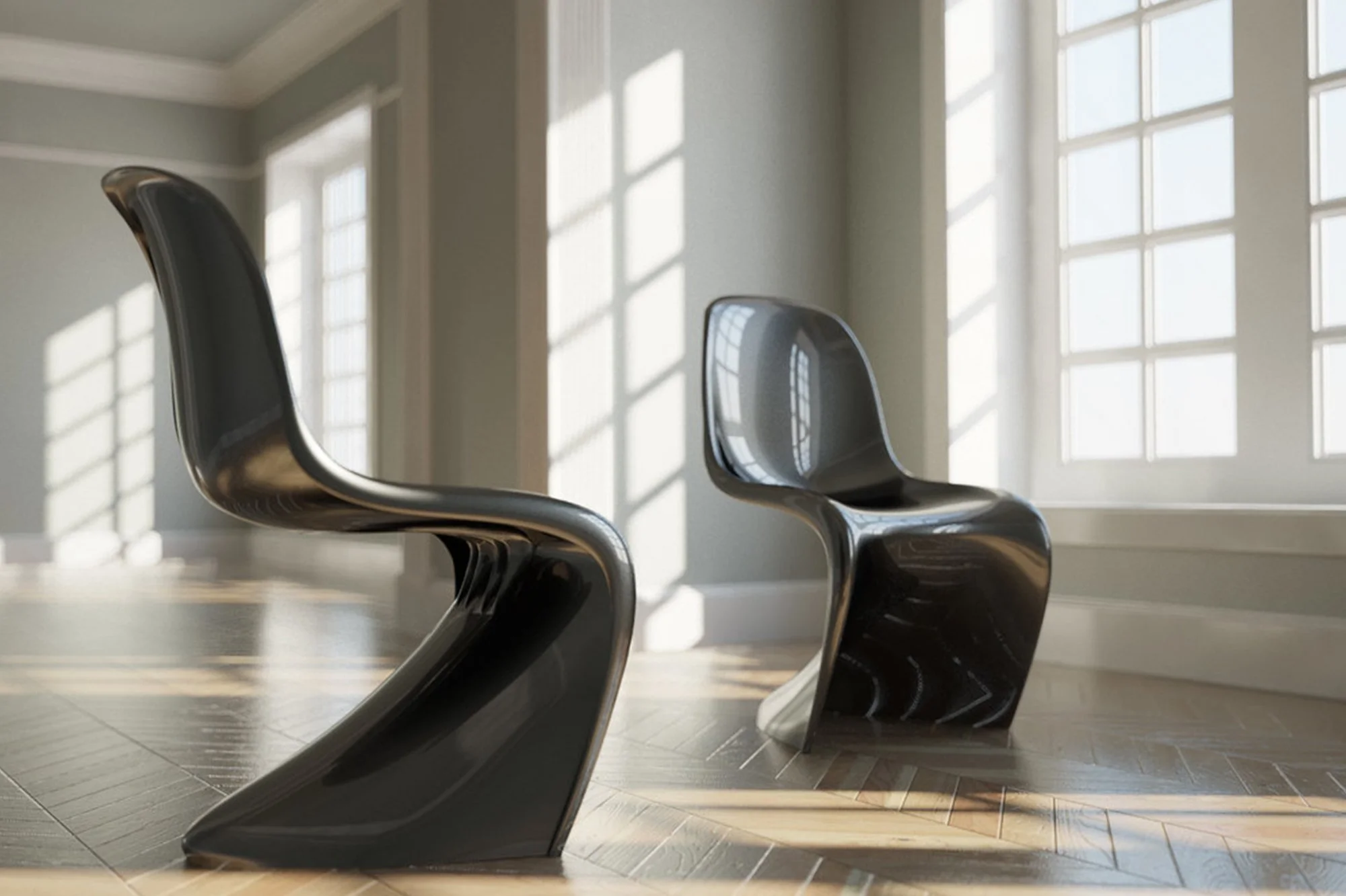 Black Panton Chair with sculptural S-shape design by Verner Panton, modern plastic dining or accent chair for contemporary interiors.