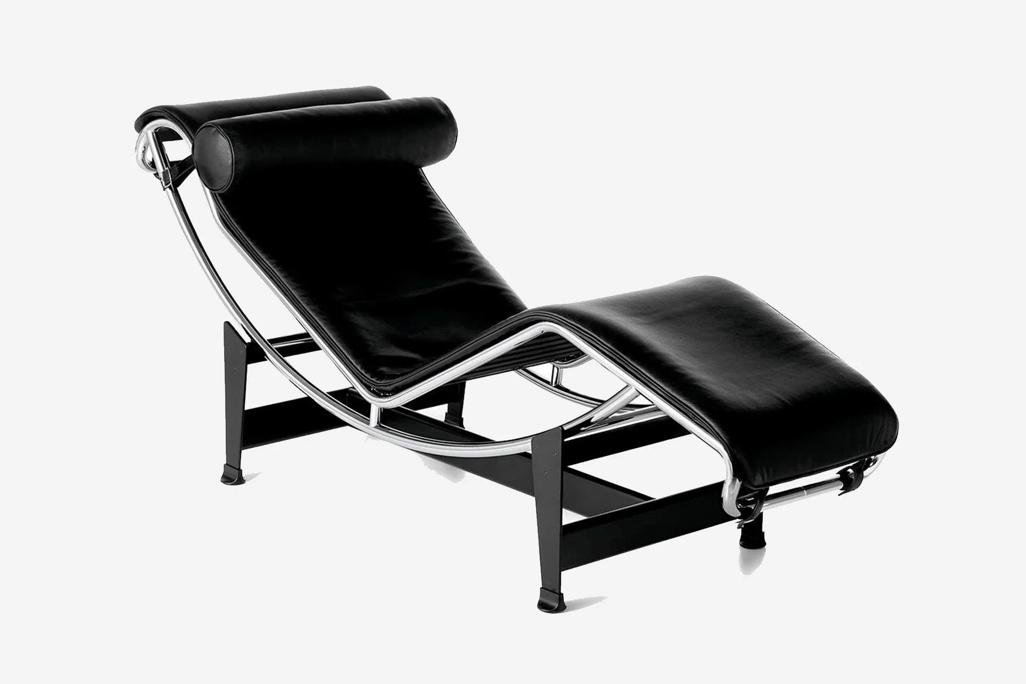 LC4 Chaise Longue by Le Corbusier, Pierre Jeanneret, and Charlotte Perriand, adjustable leather recliner with chrome frame and black steel base, iconic modernist lounge chair for living spaces or studios.
