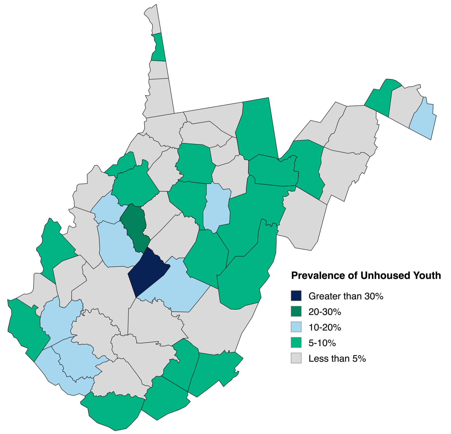 Map of Uganda showing regions with varying levels of youth homelessness. Dark blue indicates areas where more than 30% of youth are homeless. Green shades represent different prevalence levels, from 5% to over 30%.