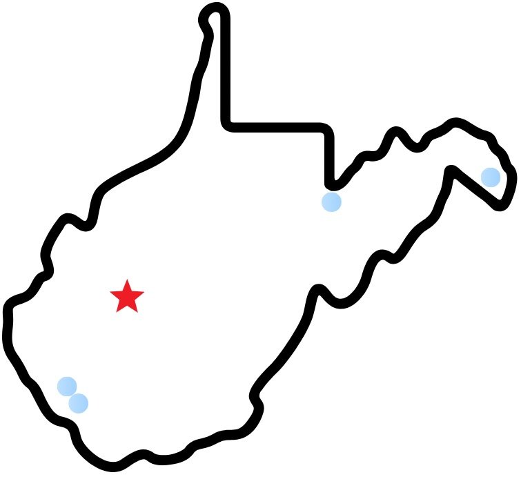 Outline map of West Virginia with a red star in the center and four blue dots at different locations.