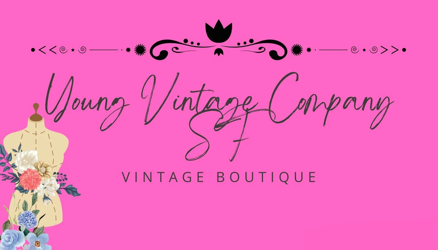 Pink background with black decorative elements and the text "Young Vintage Company" and "Vintage Boutique"; a floral illustration on a dress form on the left side.