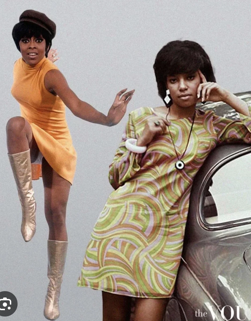 Two women with retro fashion posing against a plain background. One woman is standing on one leg, wearing a yellow dress and tall beige boots. The other woman is leaning against a car, wearing a colorful patterned dress, with her hand resting on her face.
