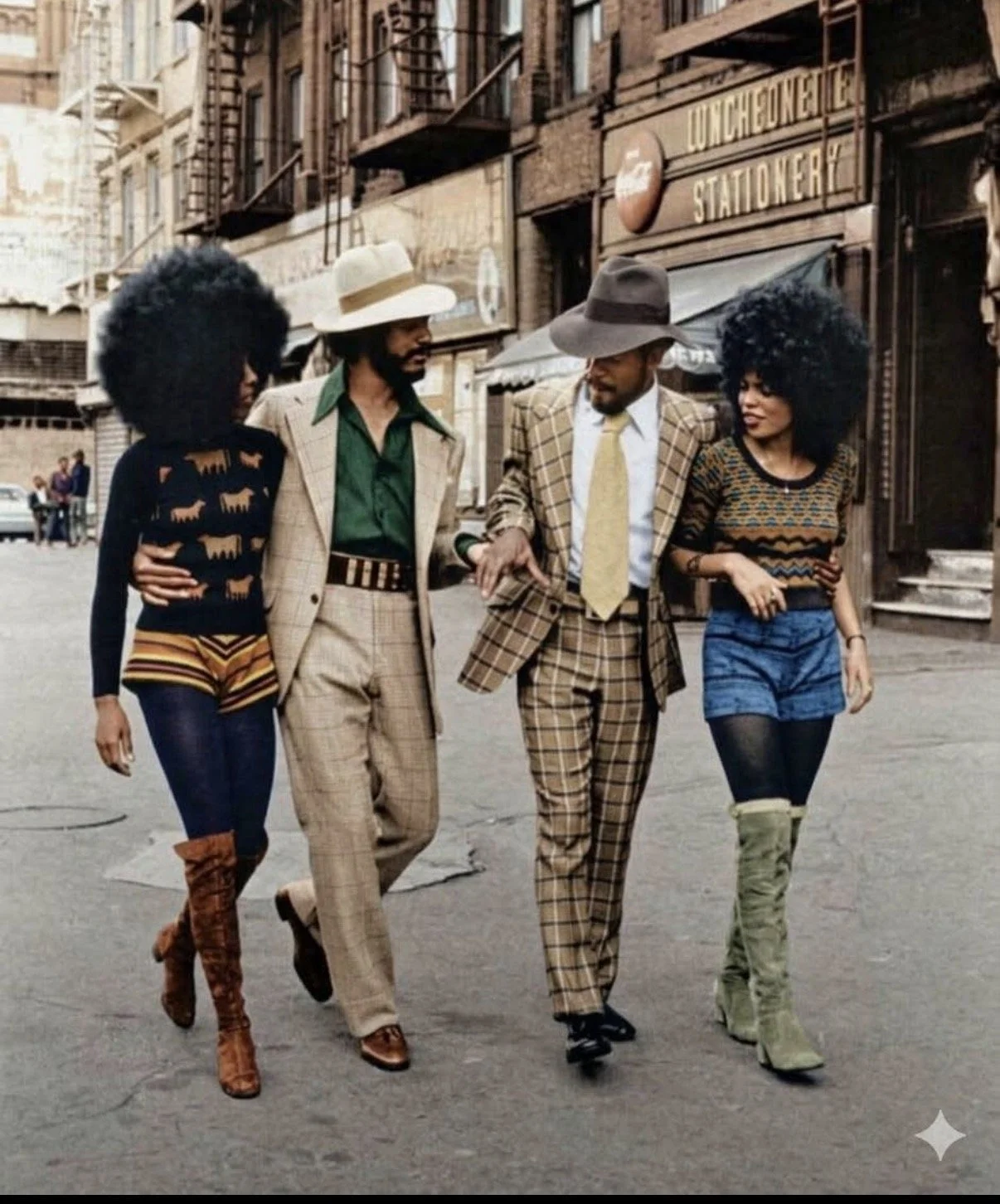 Four people walking together in an urban setting, dressed in retro 1970s fashion, with two men in plaid suits and two women in colorful outfits with thigh-high boots.