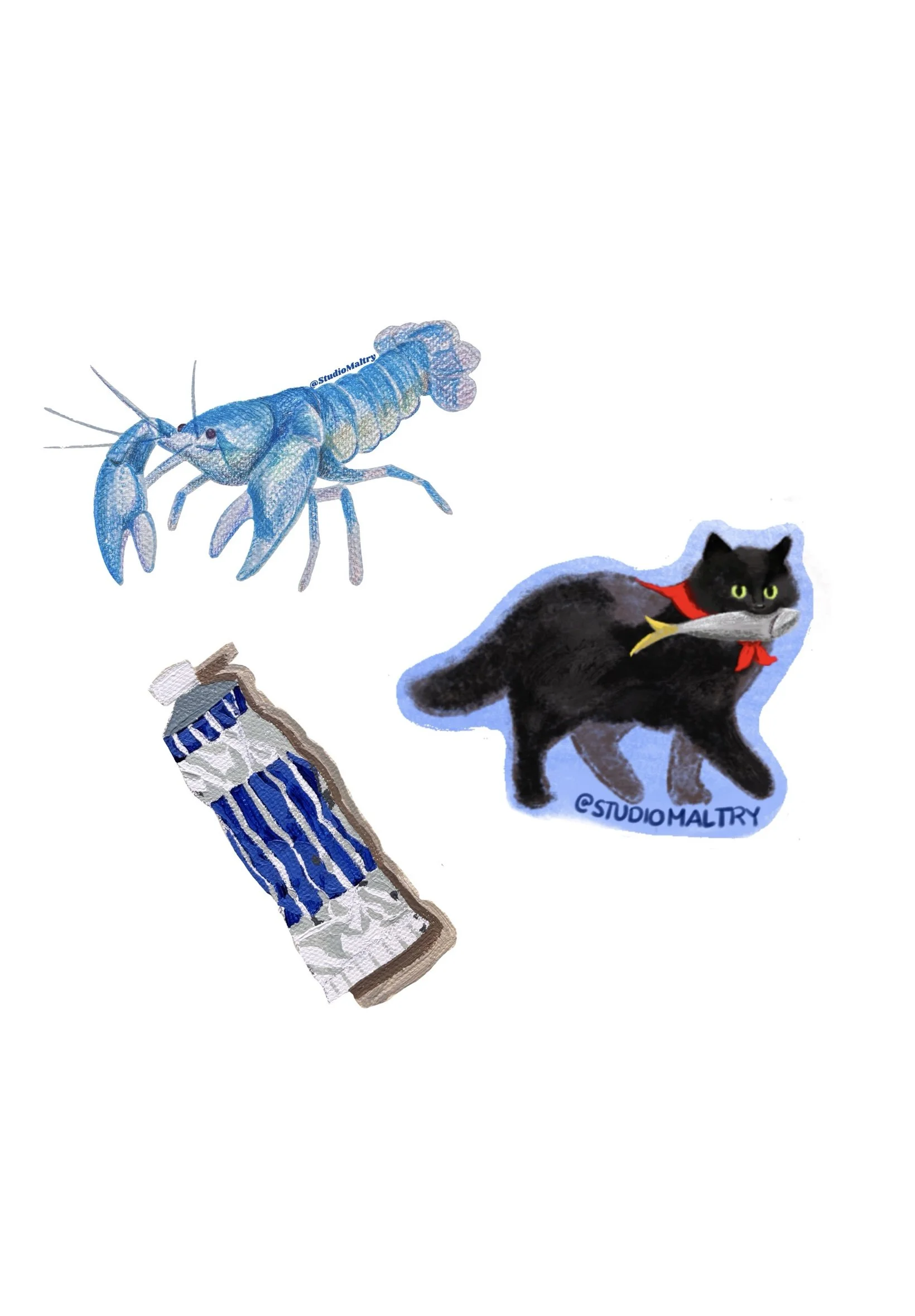 2.5” sticker 3 pack (Giuseppe, blue lobster, blue paint)  PRE-ORDER