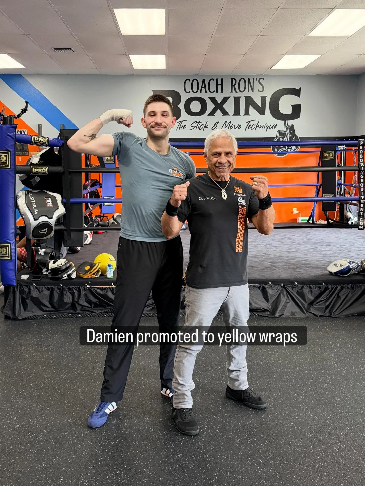Congratulations Damien on your promotion to yellow wraps. Next task blue wraps. Boxing is developed one training session at a time. Hands up, Elbows in, and Chin down