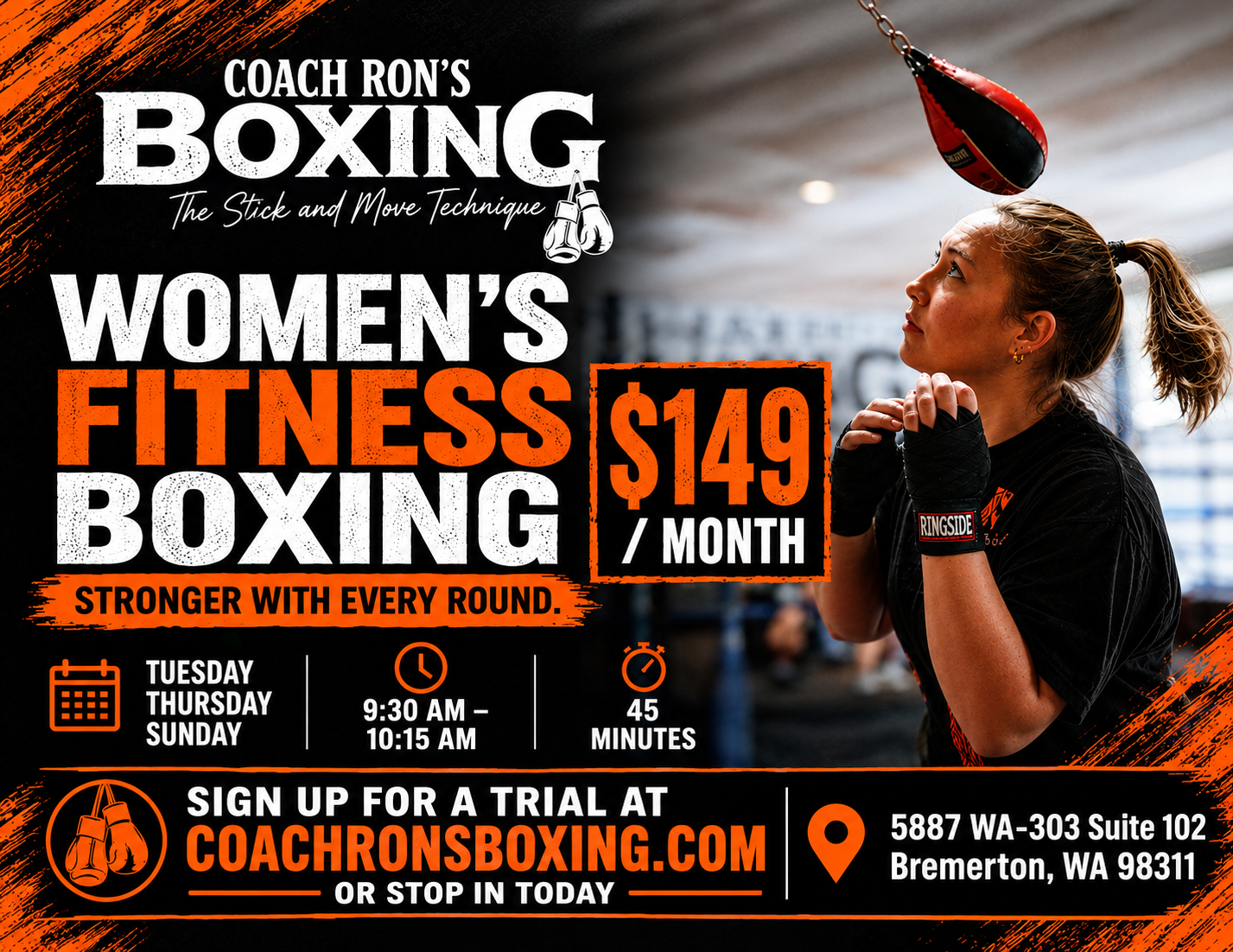 Women's Fitness Boxing in Kitsap, Woman working out on the slip bag
