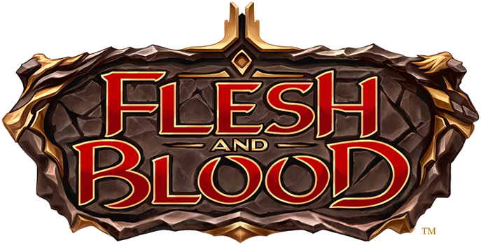 Logo for the video game 'Flesh and Blood' with dark, cracked background and stylized gold and red text.