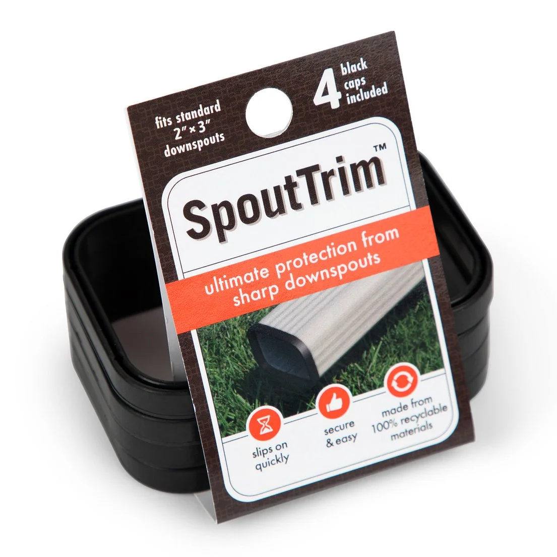 SpoutTrim package with hang tag and four black downspout caps