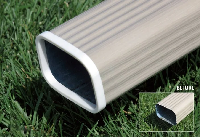 a white SpoutTrim downspout cover on a tan downspout with green grass background. a before photo without the cap is in the lower right.