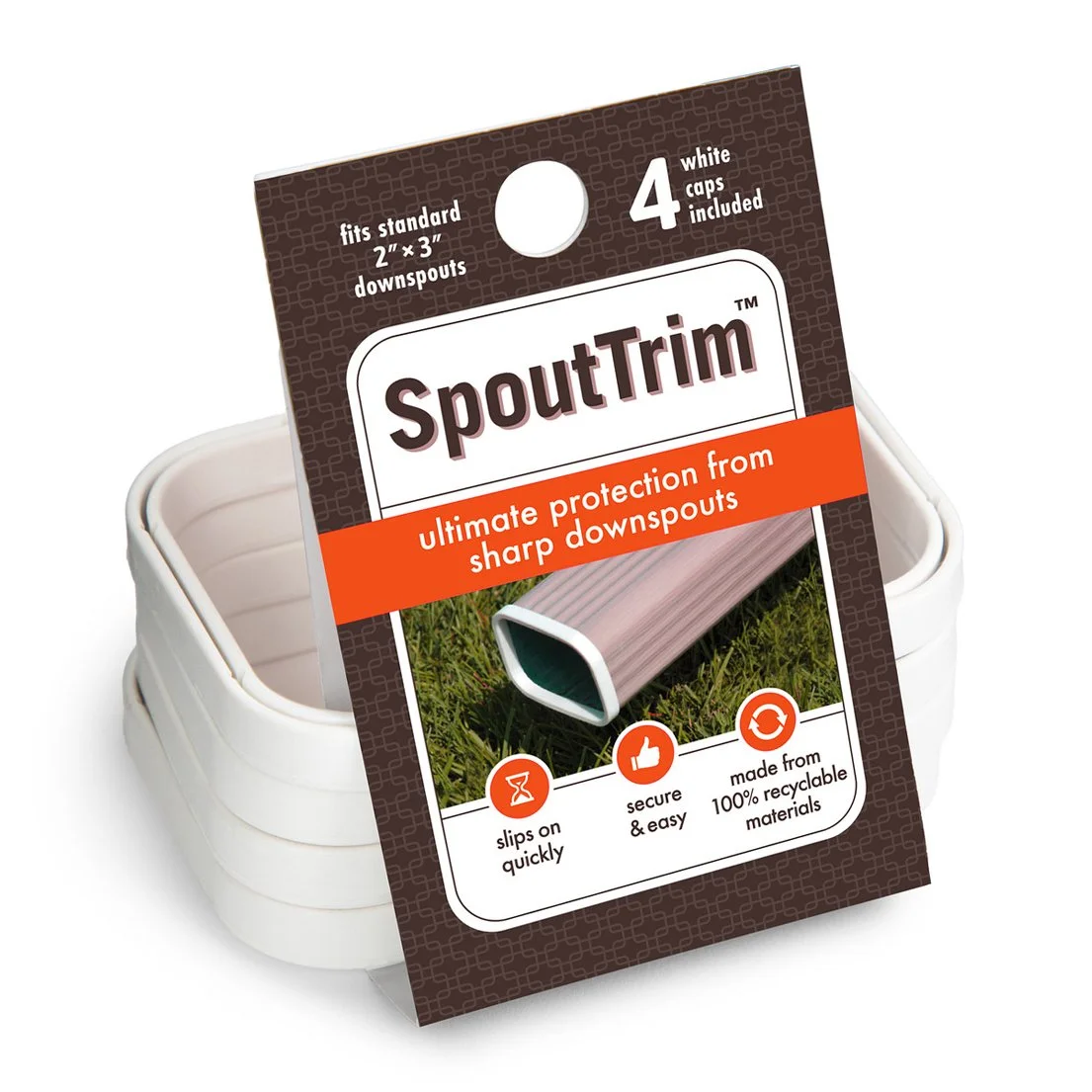 SpoutTrim package with hang tag and four white downspout caps