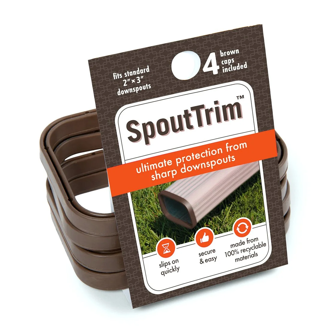 SpoutTrim package with hang tag and four brown downspout caps