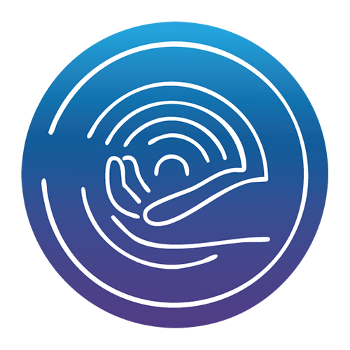 Icon of a hand holding a fingerprint inside a circular outline with a blue gradient background.