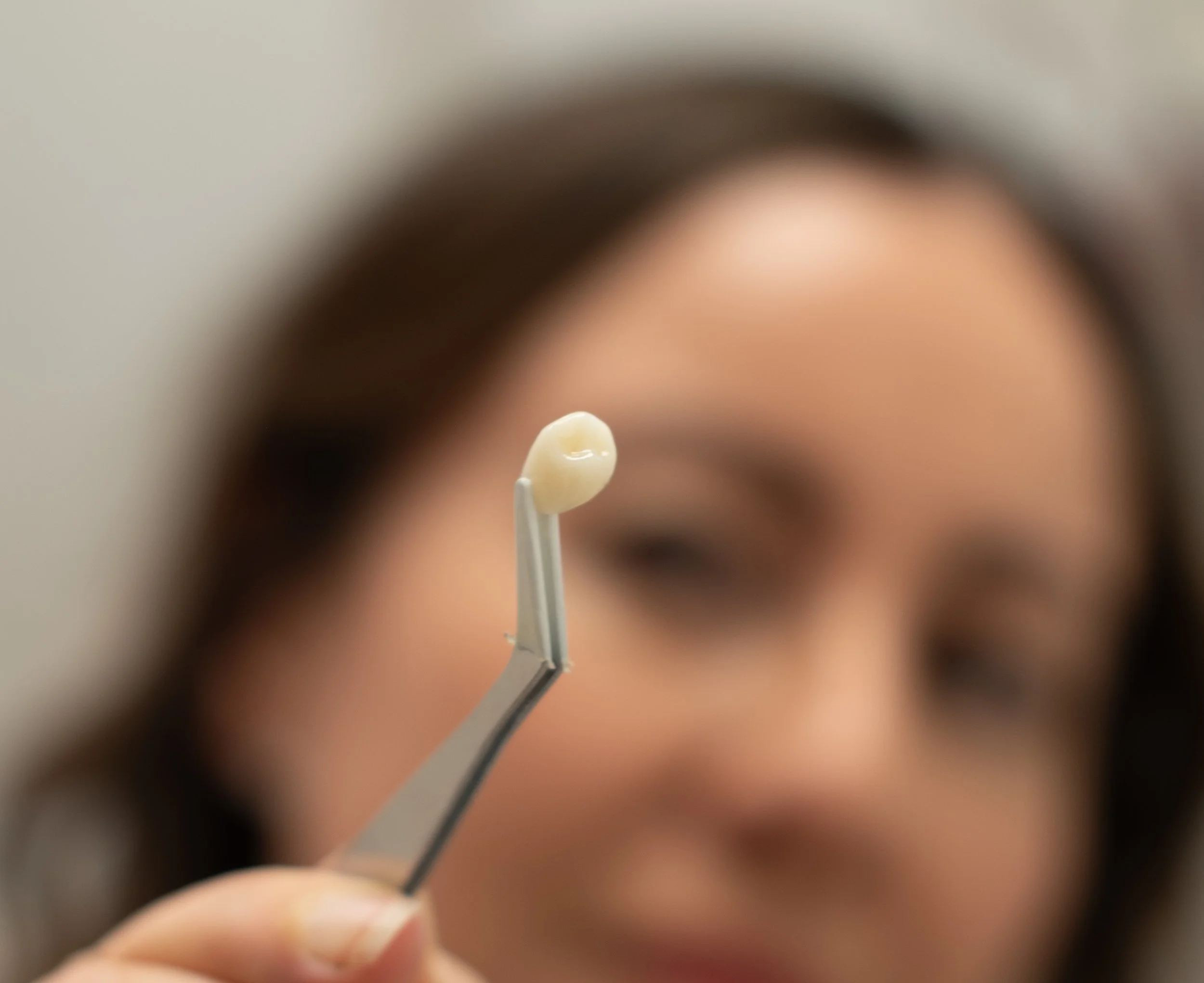 Close-up of a CEREC Emax block used for creating durable, natural-looking crowns at Kaufman Dental Associates