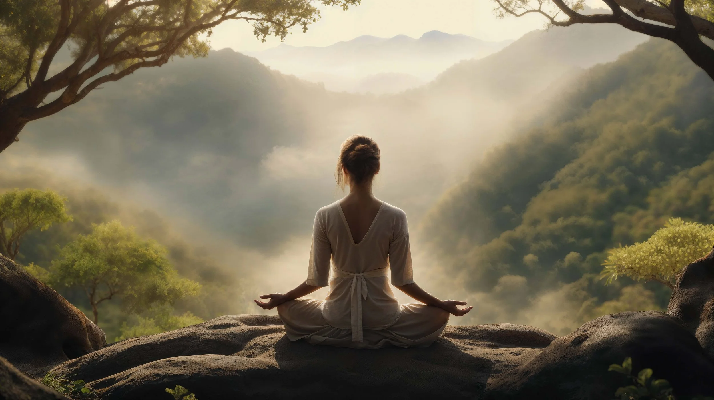 Silhouette of a person meditating in the lotus position with a serene, holistic world environment background.