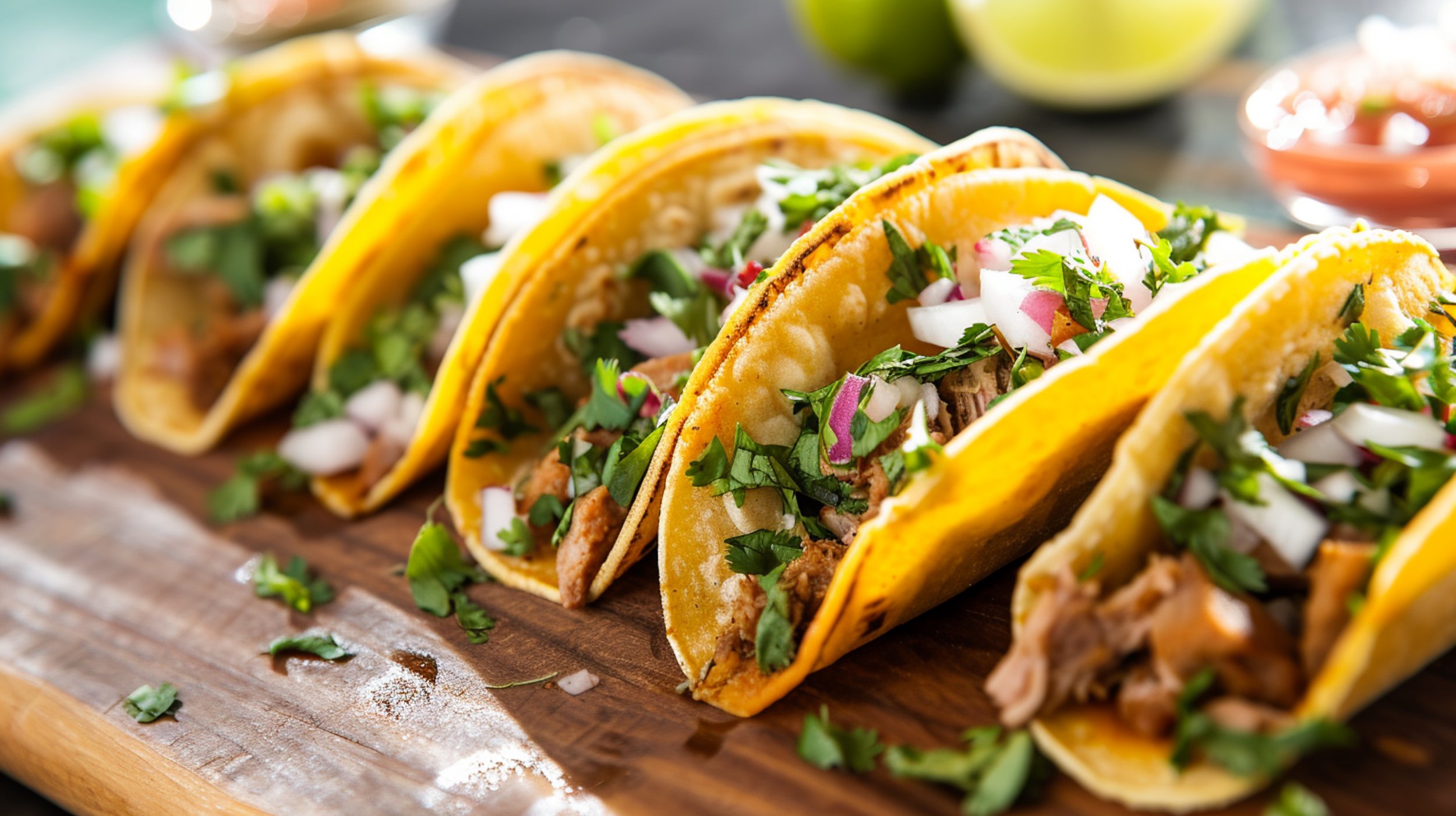 Close-up of a row of tacos filled with meat, chopped onions, cilantro, and other toppings on a wooden serving board.