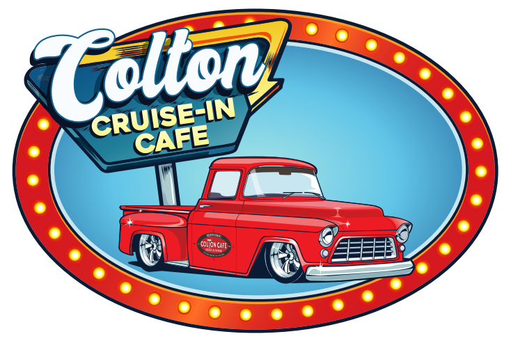 Retro-style logo for Colton Cruise-In Cafe featuring a red vintage pickup truck and neon-style lights.