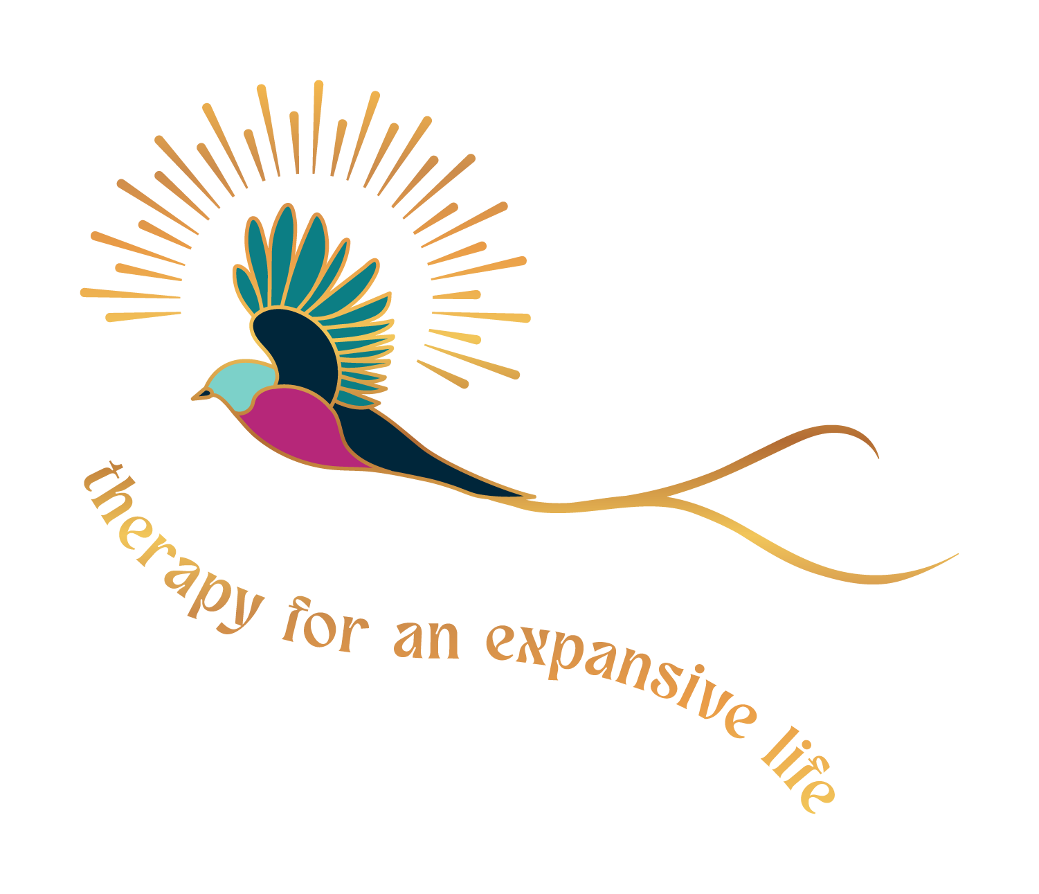 Ala Therapy Collective bird logo: a stylized bird with colorful wings and a long tail, surrounded by a radiant halo, with the text 'therapy for an expansive life' curved underneath.