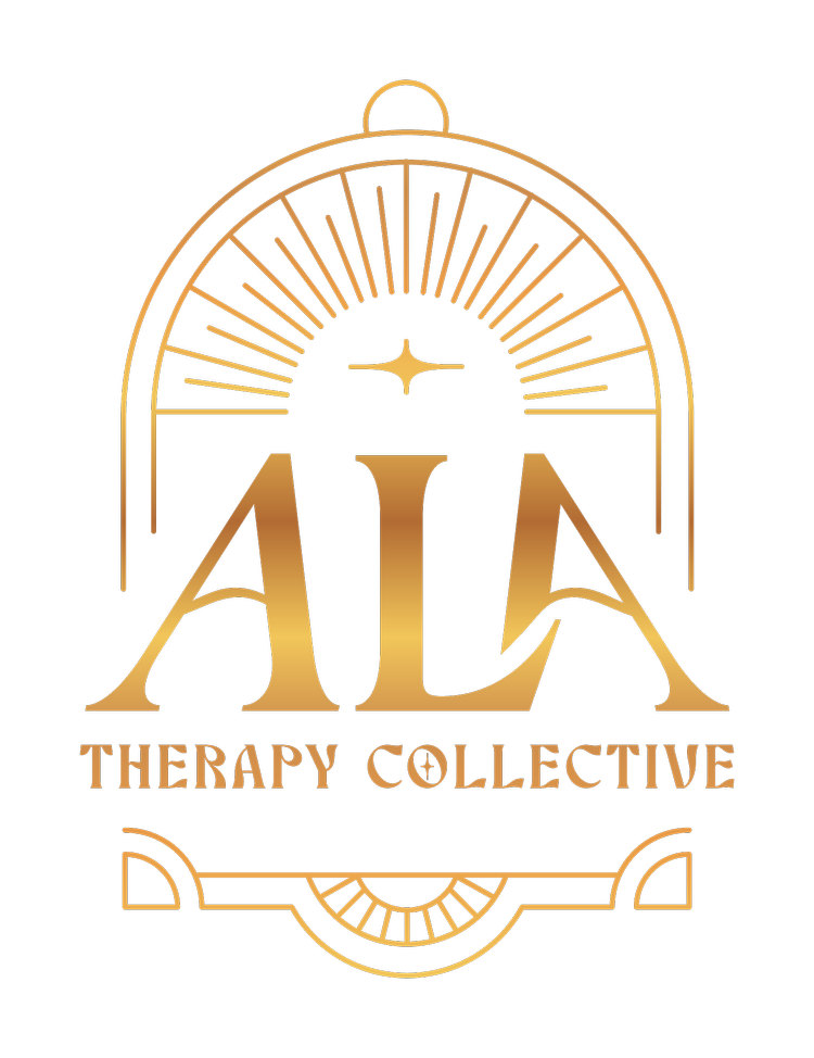 Ala Therapy Collective birdcage logo in gold, the secondary logo with sunburst and star inside an arched frame.