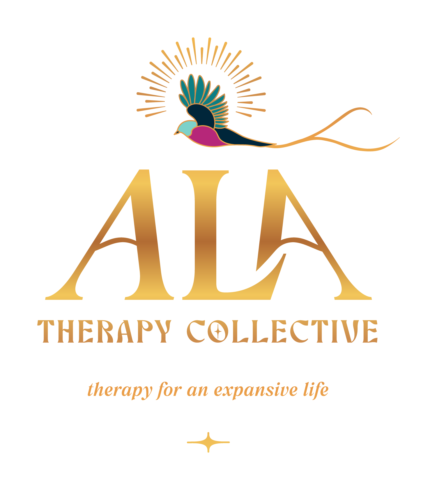 Ala Therapy Collective logo featuring a colorful bird with radiating sun, gold lettering, and the tagline therapy for an expansive life