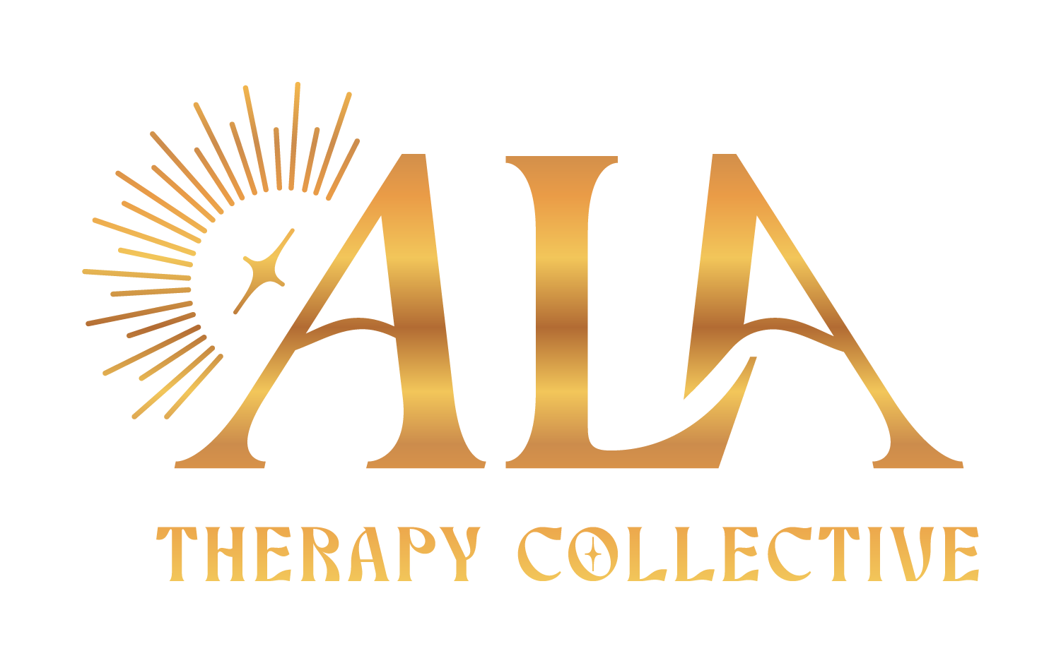 Gold and black logo for AJ Therapy Collective with stylized text and a radiant starburst design