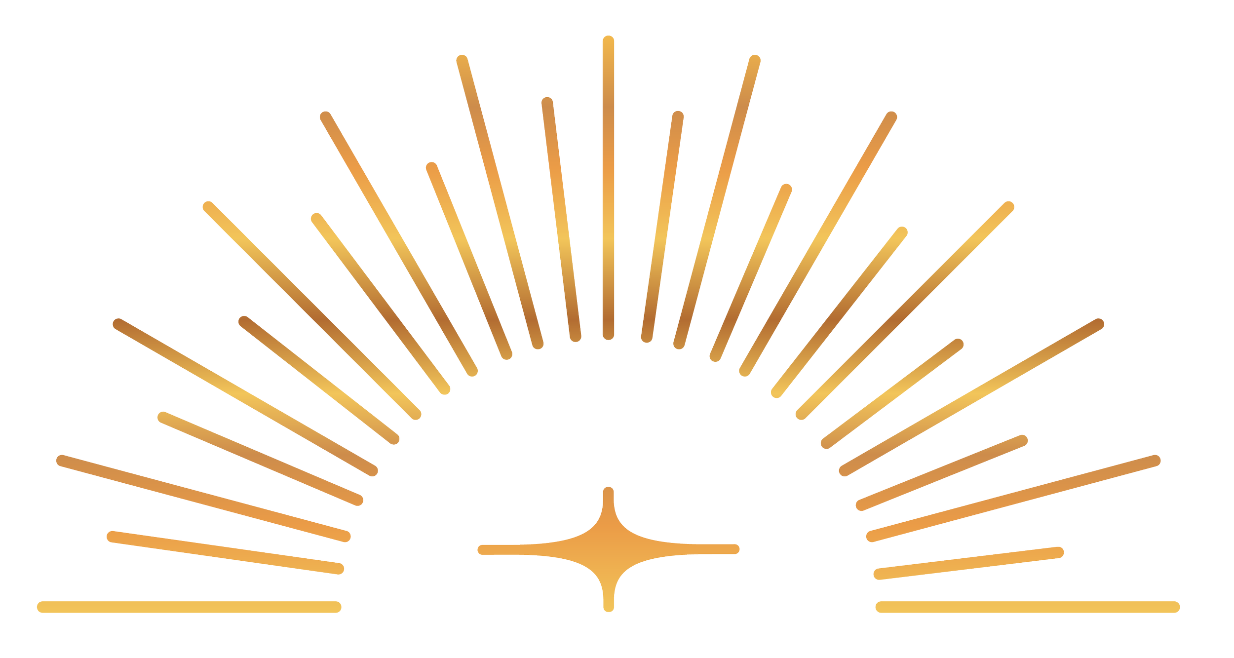 A minimalist gold gradient line art of a half sun with rays radiating outward from a star shape in the center.