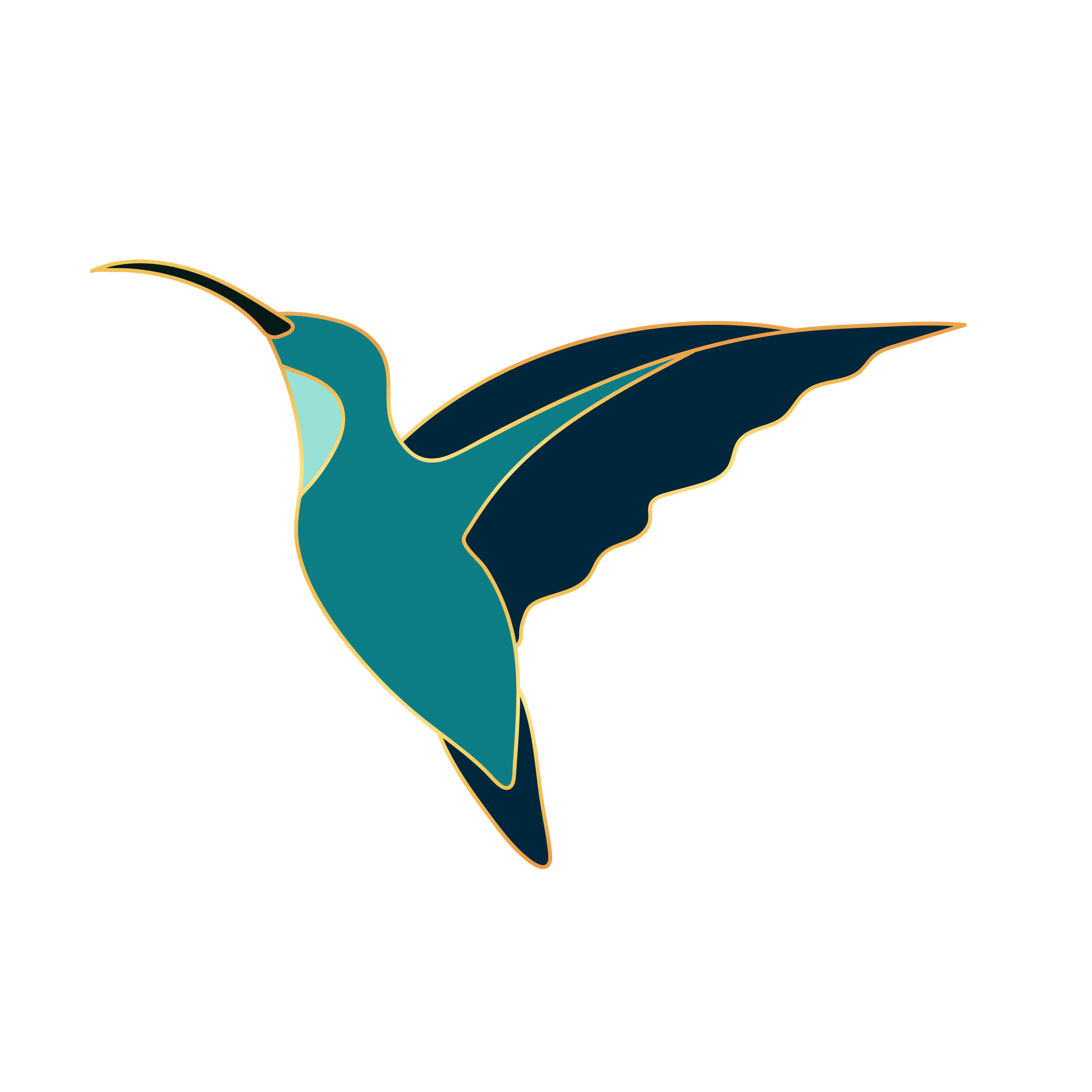 Stylized illustration of a hummingbird in shades of teal and navy with gold outlines.