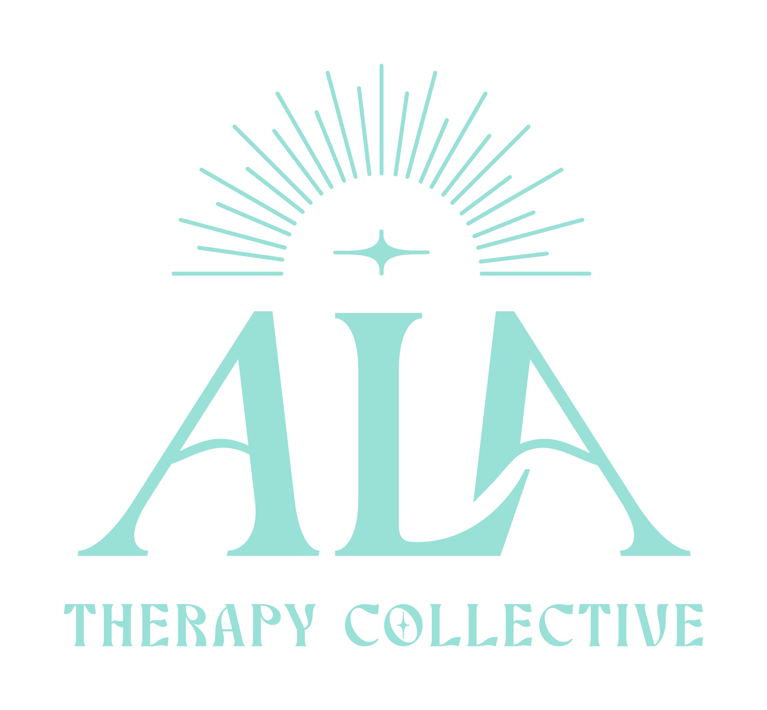 Ala Therapy Collective logo: stylized teal letters 'ALA' with a radiant starburst and bird icon above the text 'Therapy Collective.' Representing inclusive, virtual mental health care and social justice-oriented therapy in Oklahoma.