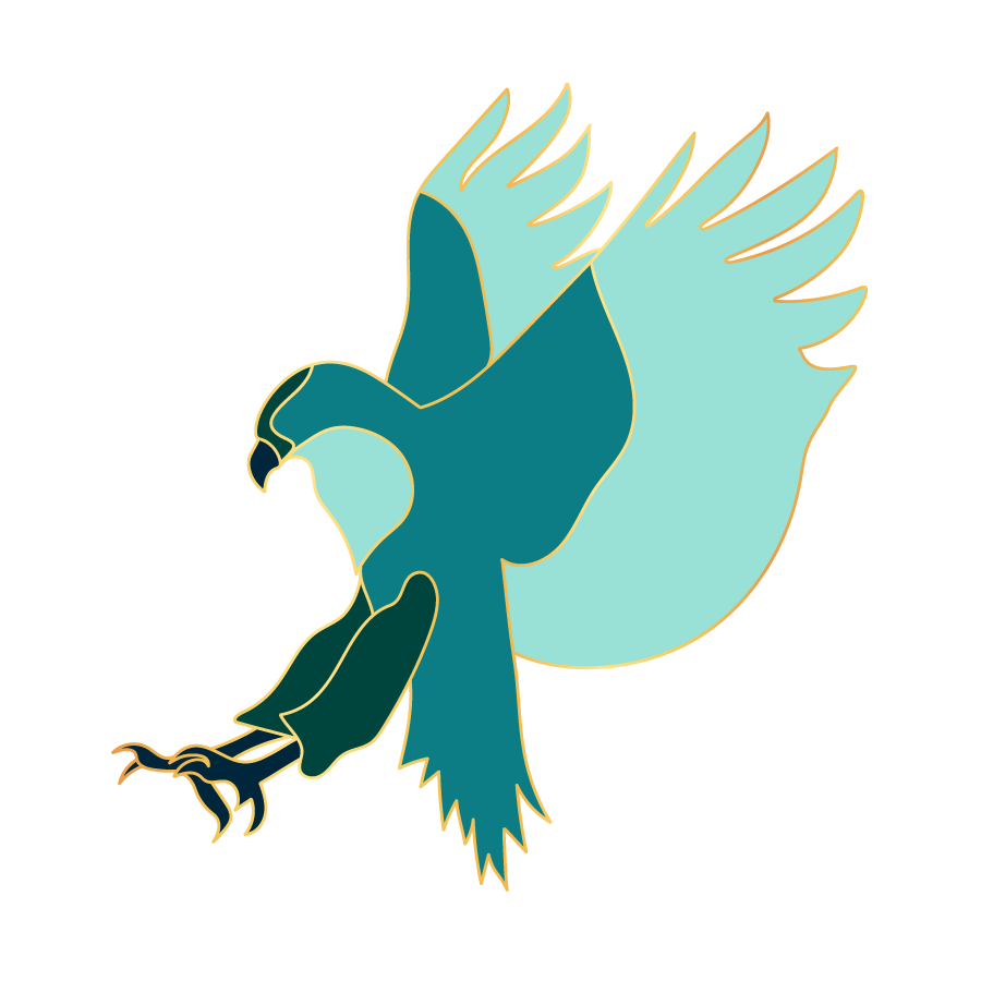 Stylized illustration of an eagle with wings spread wide, holding a snake in its beak and talon against a plain white background.
