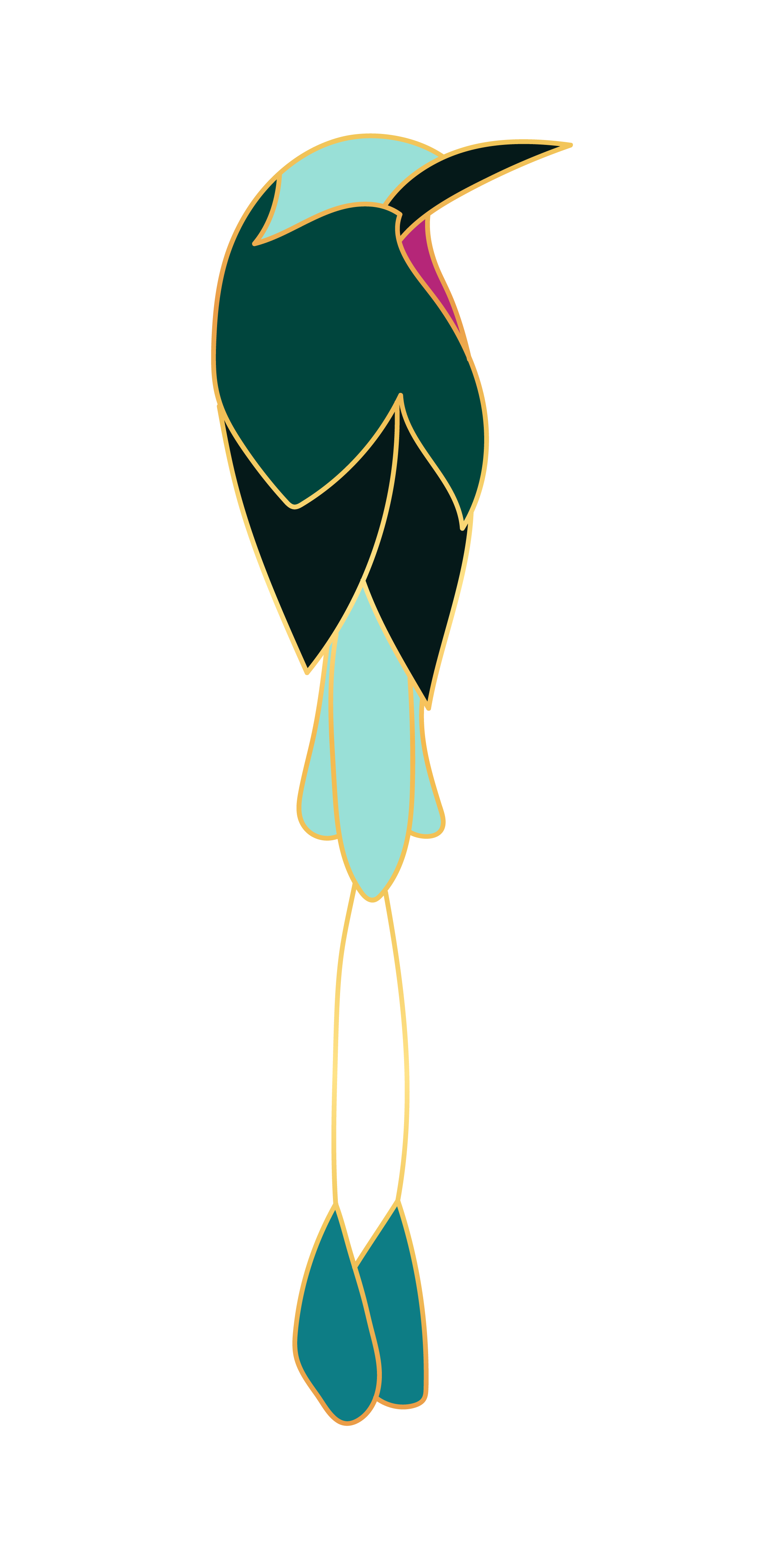 Stylized illustration of a bird with a long, thin tail, primarily in shades of teal and dark green, with accents of pink and light blue.