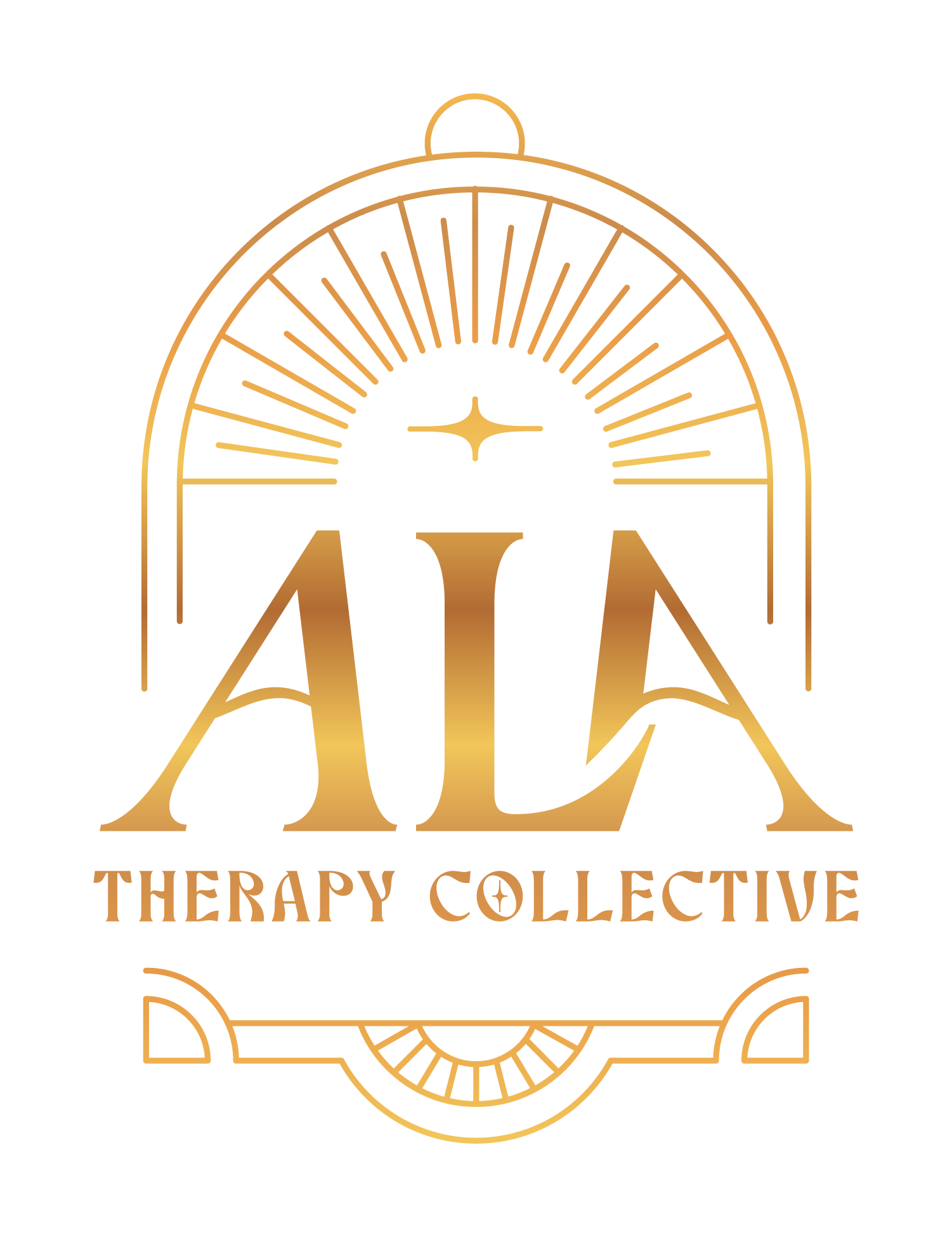 Logo for ALA Therapy Collective featuring a stylized sunburst arch over the text 'ALA' in gold gradient, with 'THERAPY COLLECTIVE' underneath, all on a black background.