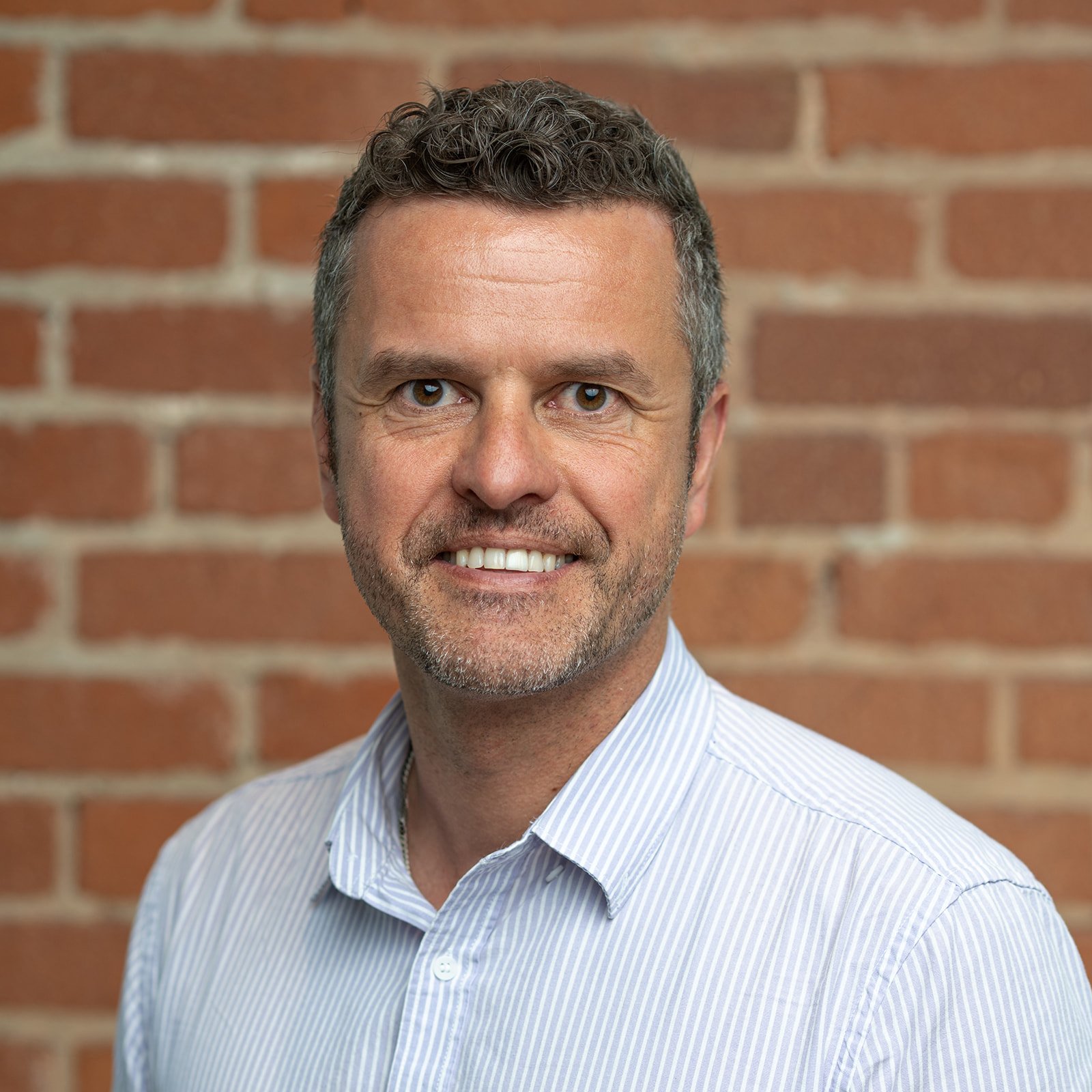 A corporate headshot of a man with short, dark, curly hair and light brown eyes, smiling slightly, wearing a light blue striped dress shirt, standing in front of a red brick wall.
