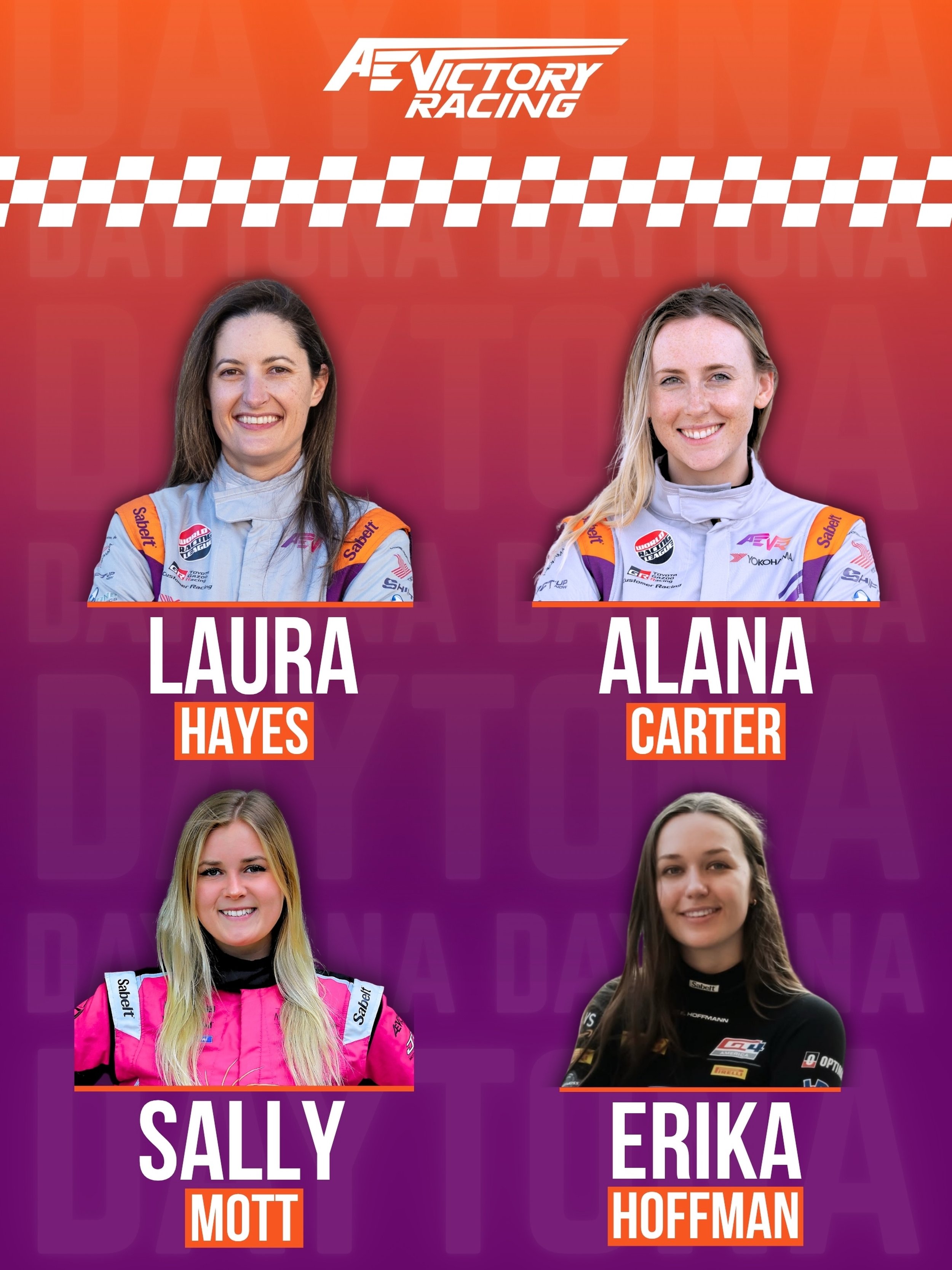 We&rsquo;re excited to welcome our support drivers, Alana Carter, Laura Hayes, and Sally Mott back to the team, along with Erika Hoffman, who will be making her AEVR debut with us at Daytona for the 14 Hour Race! Looking forward to what should be an 