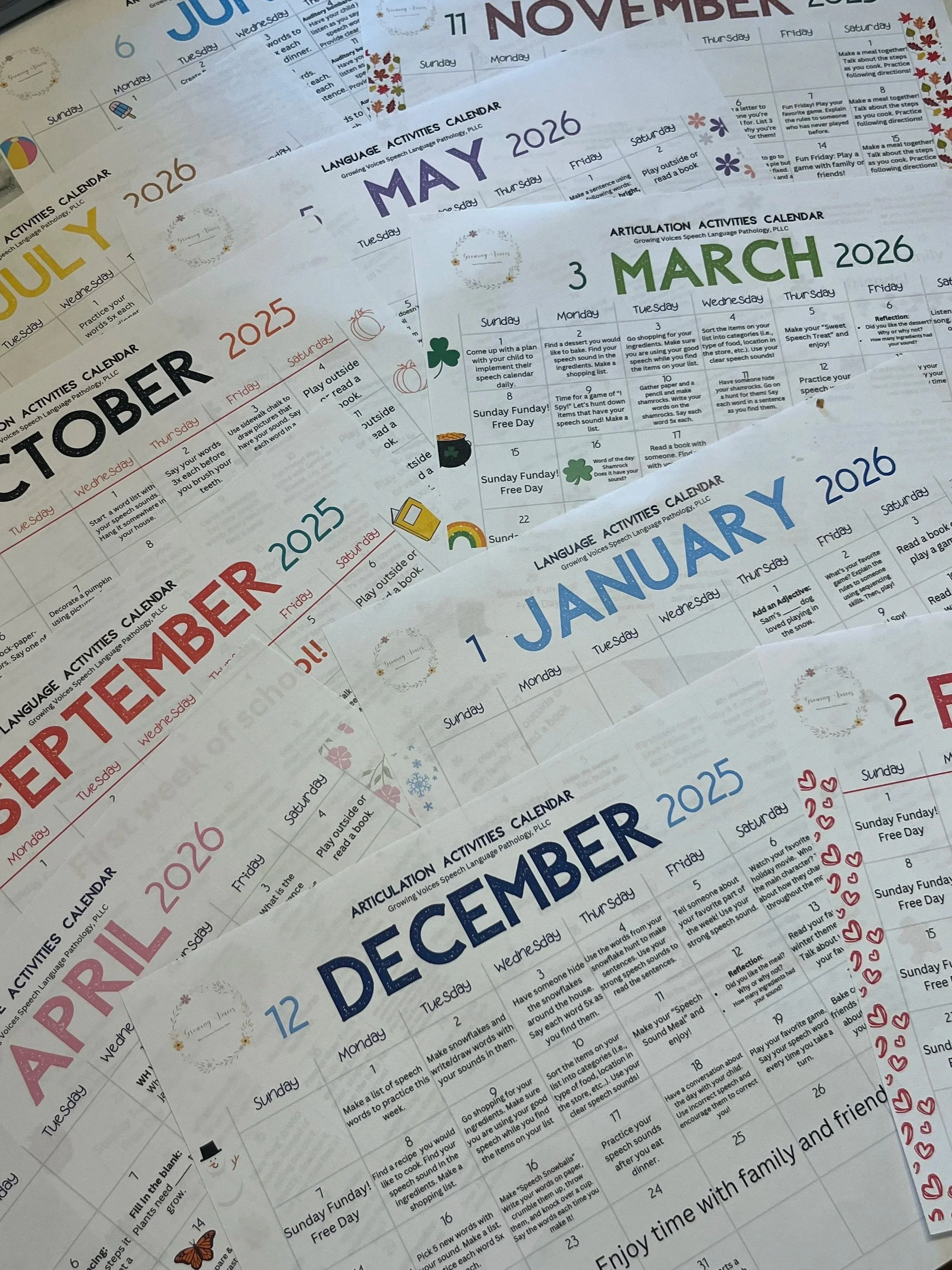 Growing Voices Speech and Language Calendars