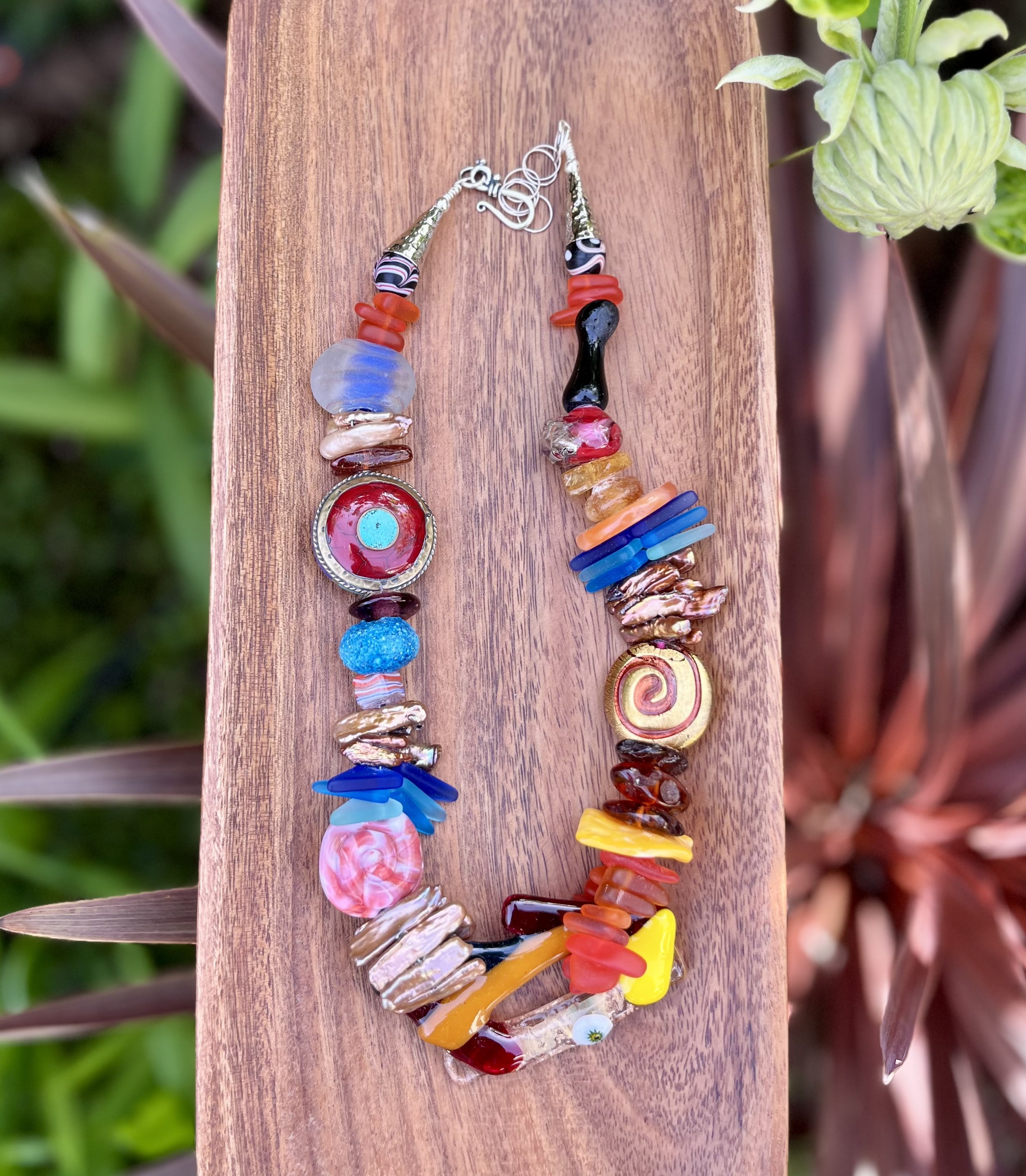Artisan Hawaii Glass Necklace with Amber, Biwa Pearls & Turquoise Nepal Bead