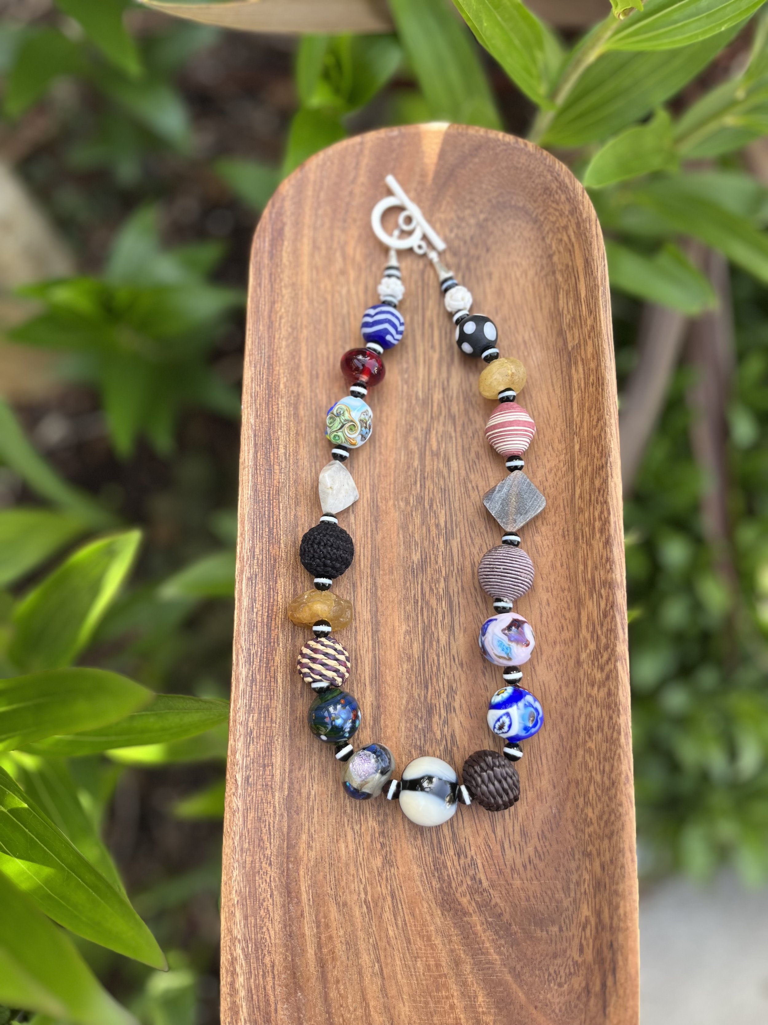 Handcrafted Murano Glass & Amber Necklace with Artisan Beads from Hawaii, South America & Czech Republic