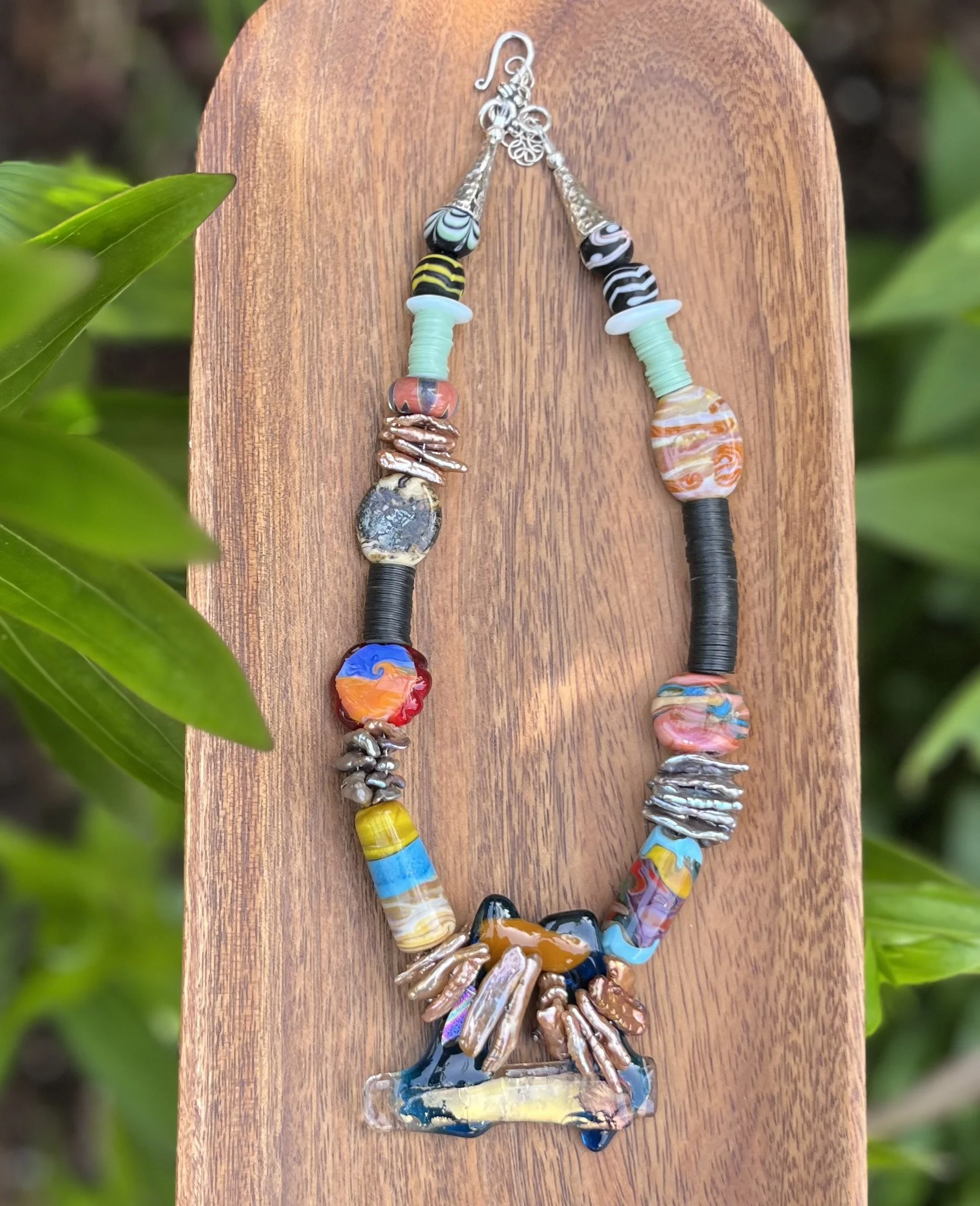 Gold-Toned Hawaii Artisan Glass Necklace with Murano, Biwa Pearls & African Vinyl Beads