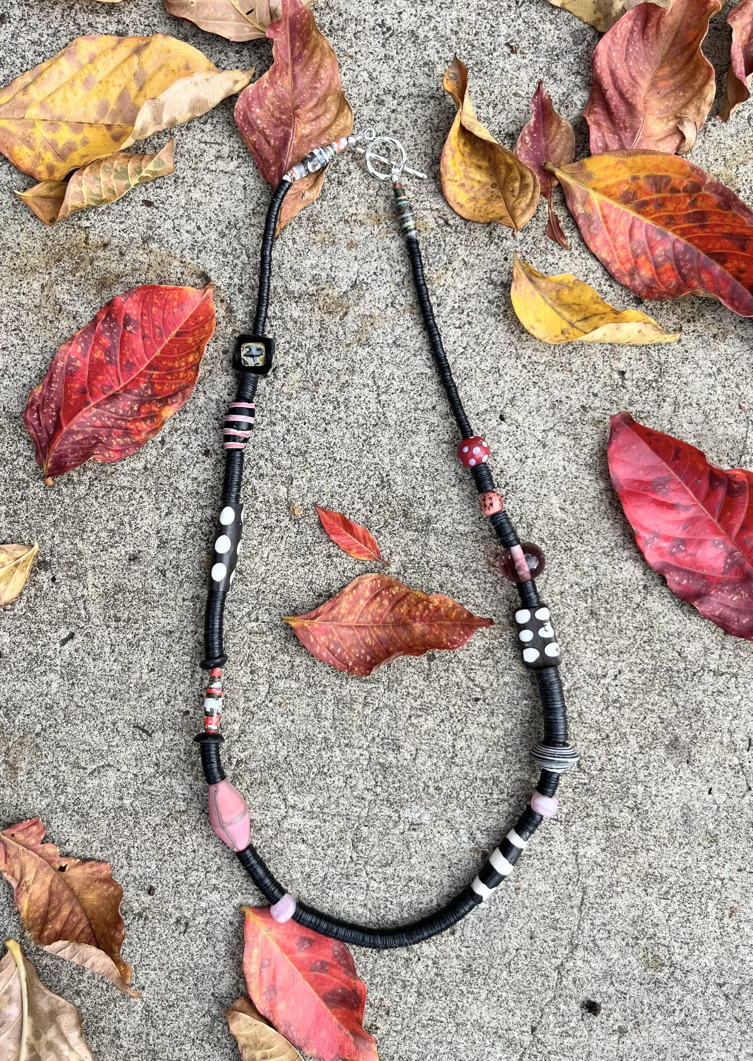 African Vinyl Disc Necklace with Murano & Bone Beads