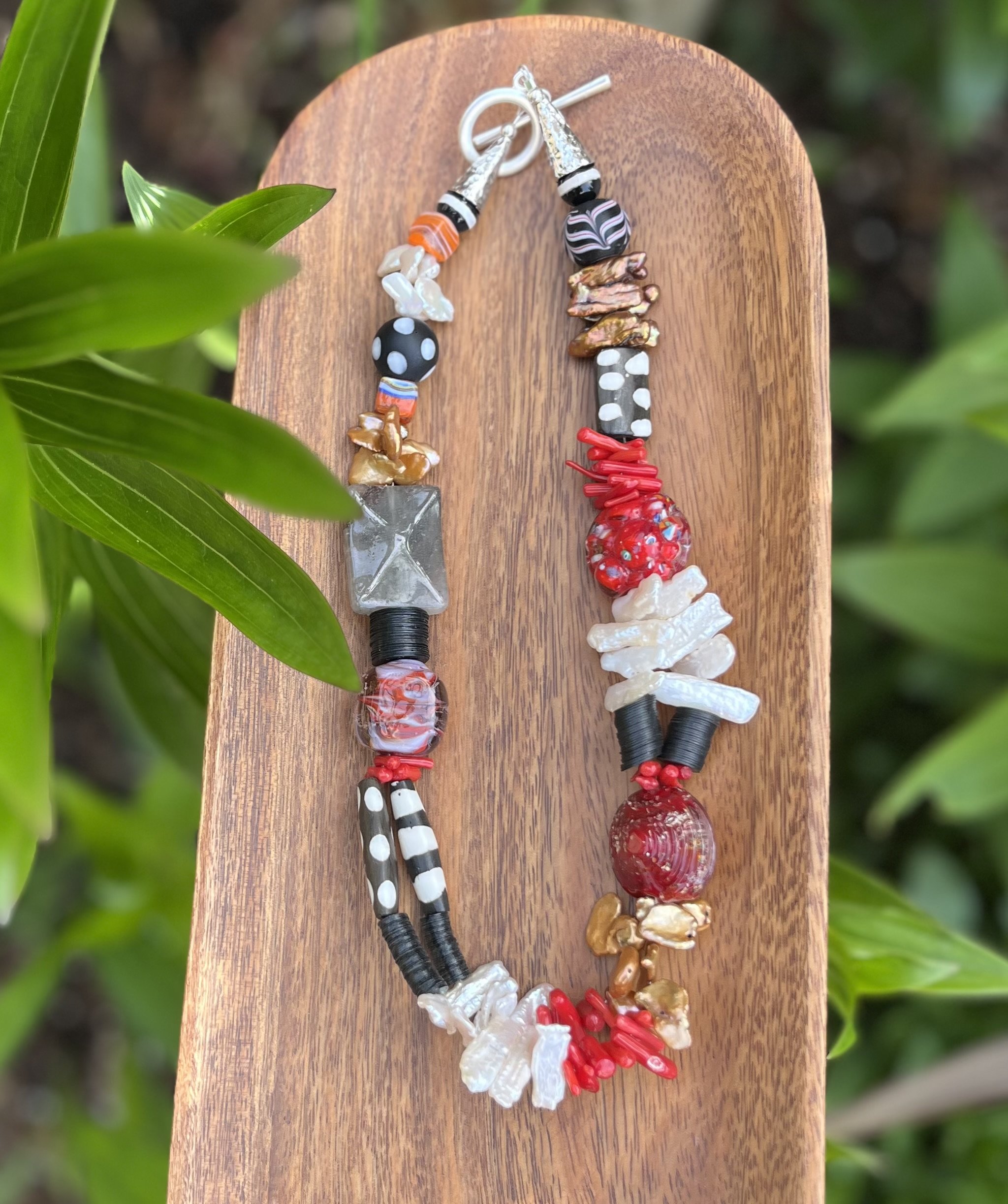 Red White & Black Artisan Necklace with Coral, Biwa Pearls & African Vinyl