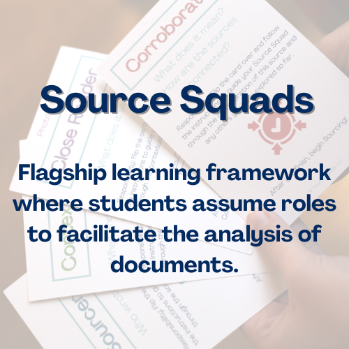 Text overlay on a background of documents and notes related to analysis, featuring the title "Source Squads" and the description "Flagship learning framework where students assume roles to facilitate the analysis of documents."