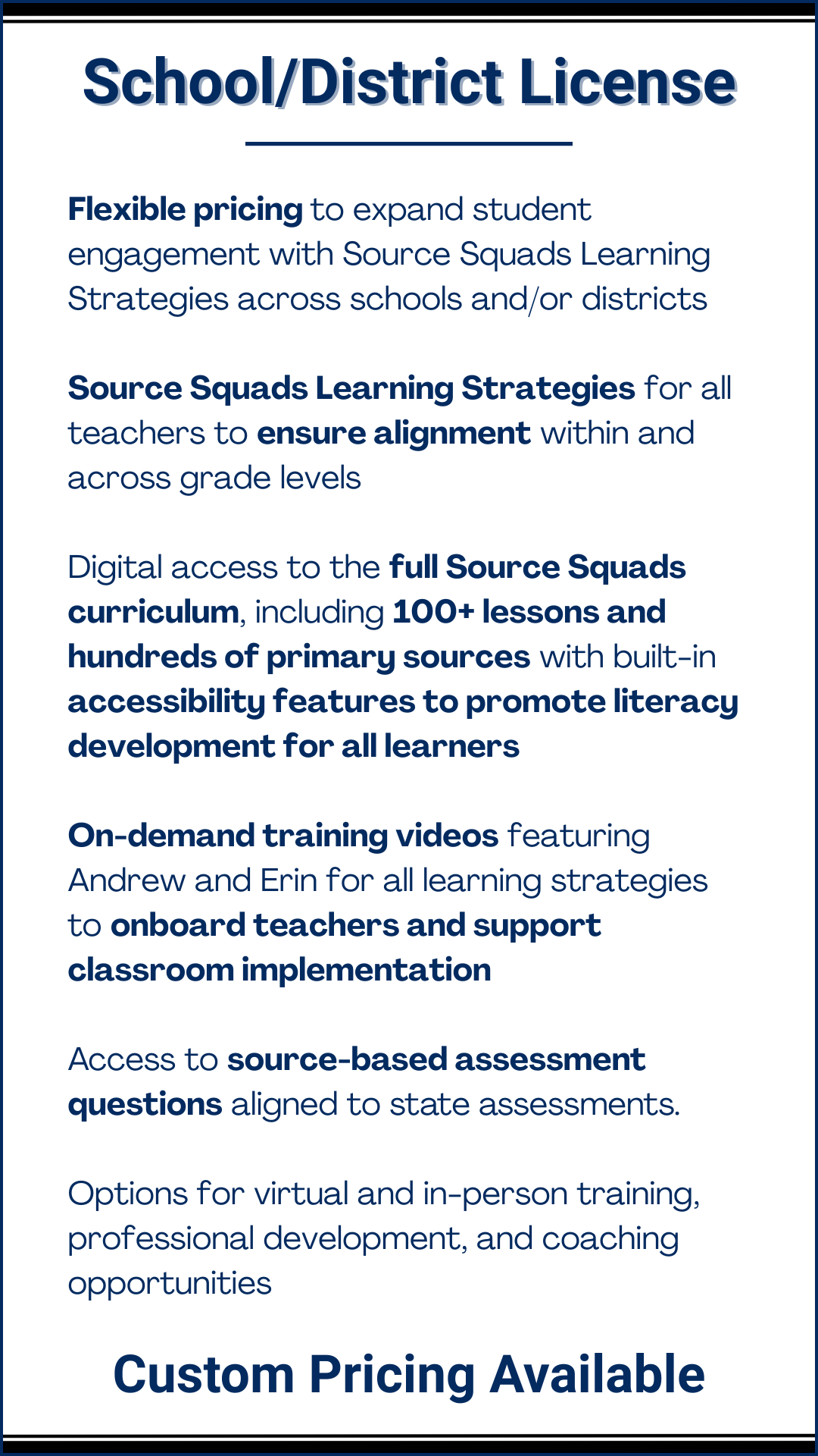 Information about school and district licensing programs, including flexible pricing, learning strategies, curriculum access, training videos, assessment questions, and options for virtual and in-person training.
