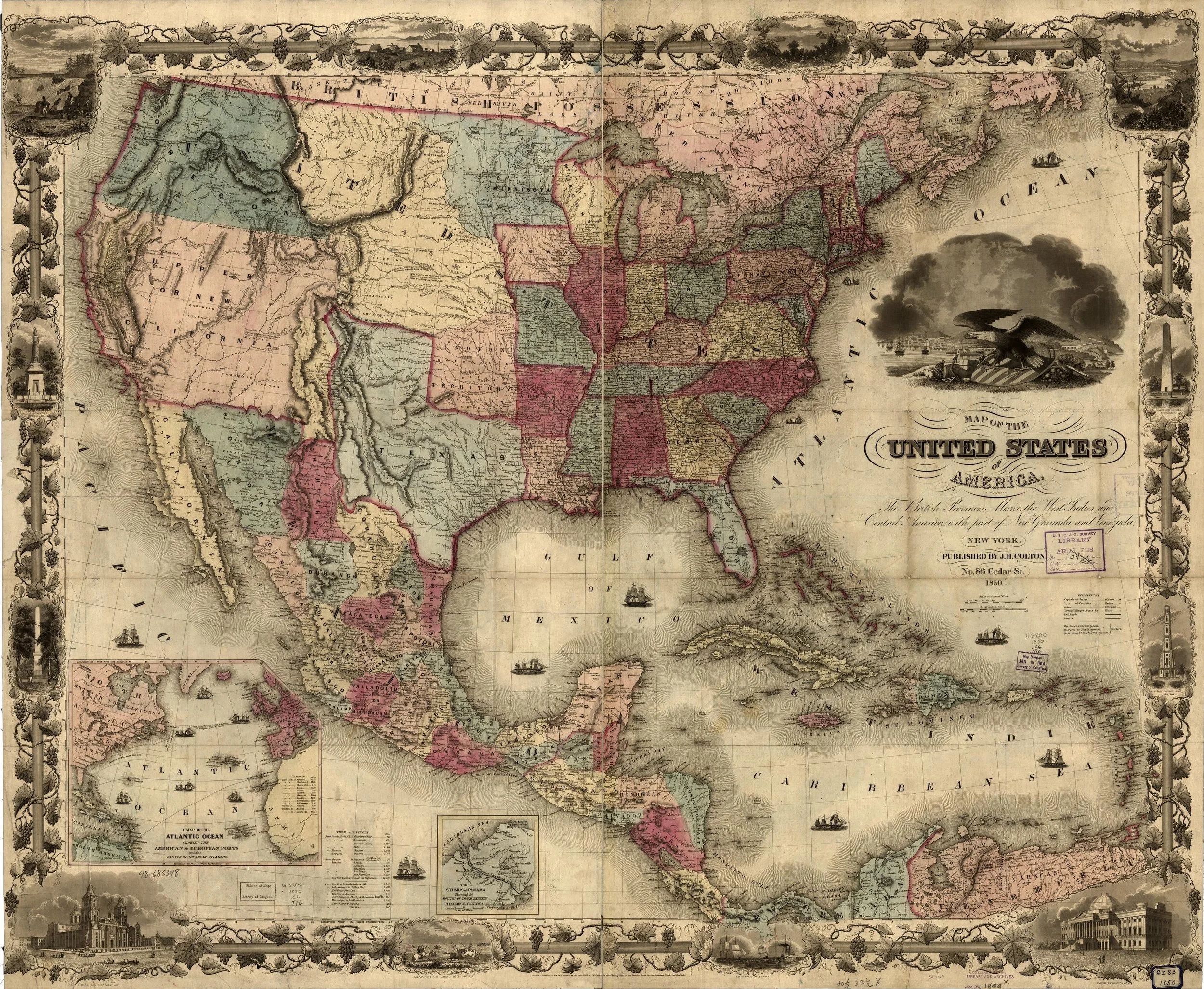 Historical map of the United States, details of states, surrounding oceans, and decorative border with ships and landmarks, dated 1850.