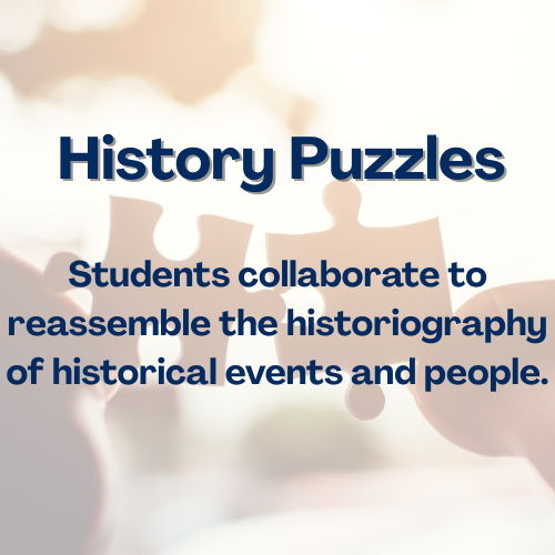 A promotional image for History Puzzles showing students assembling a puzzle with a bright, out-of-focus background.
