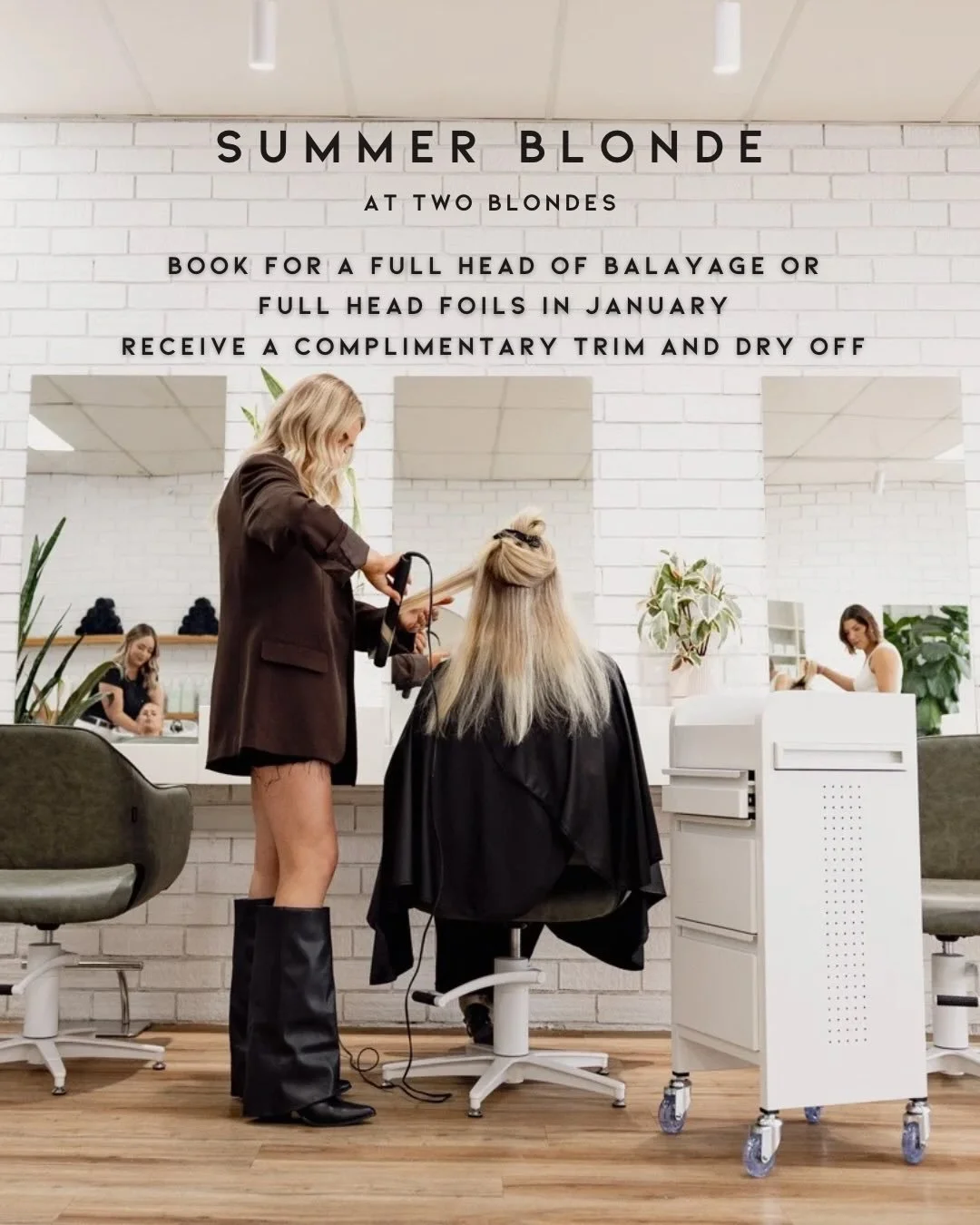 BLONDE GIRLIES THIS IS FOR YOU ☀️

Mia and Abby have a colour offer exclusive for January 2026

Book for a Full Head of Foils or Full Head of Balayage and receive a complimentary trim and dry off 

Available Tuesday to Friday 

Filling FAST - T+C&rsq