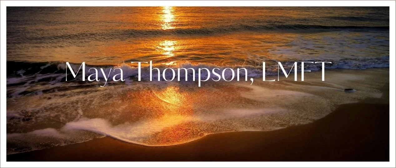 The text "Maya Thompson, LMFT" placed over an image of an ocean sunset.  The background image makes the text difficult to read.