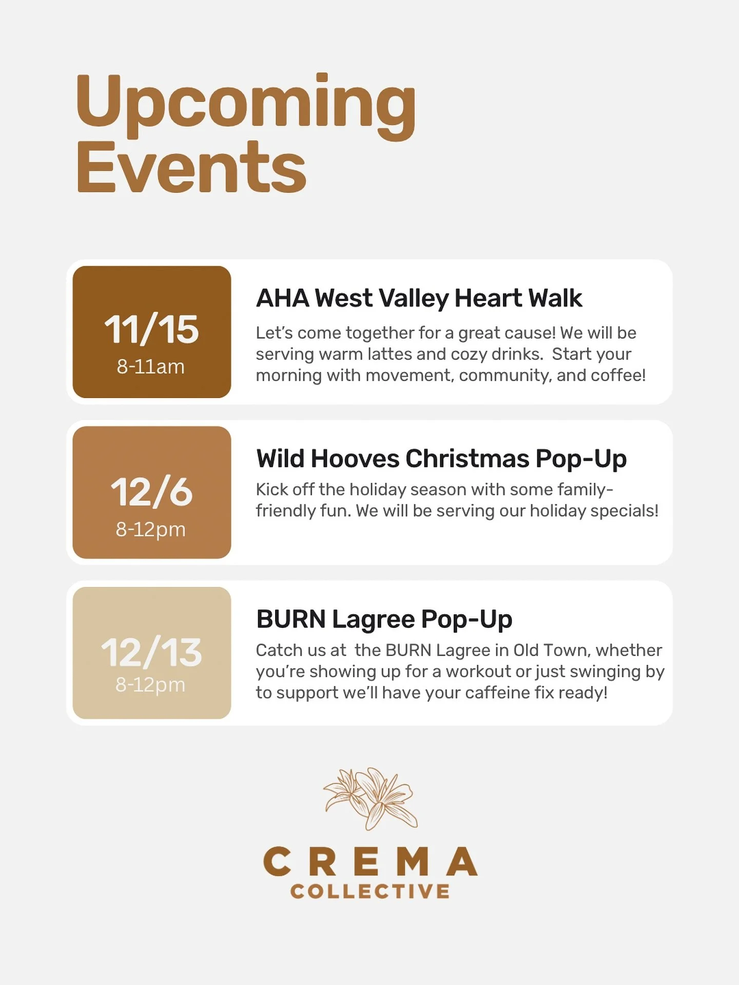 We&rsquo;ve got a few public events coming up, and we&rsquo;d love to see you there! Come grab a latte, say hi, and support some amazing local organizations + businesses. 🤎

Here&rsquo;s where you can find us this season:

❤️ 11/5 &mdash; AHA West V