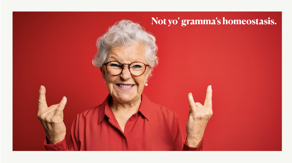 A humorous blog post header image featuring an elderly woman in a red shirt making rock and roll hand gestures with the text Not yo gramma's homeostasis, using playful humor to introduce a blog post about nervous system regulation and trauma recovery