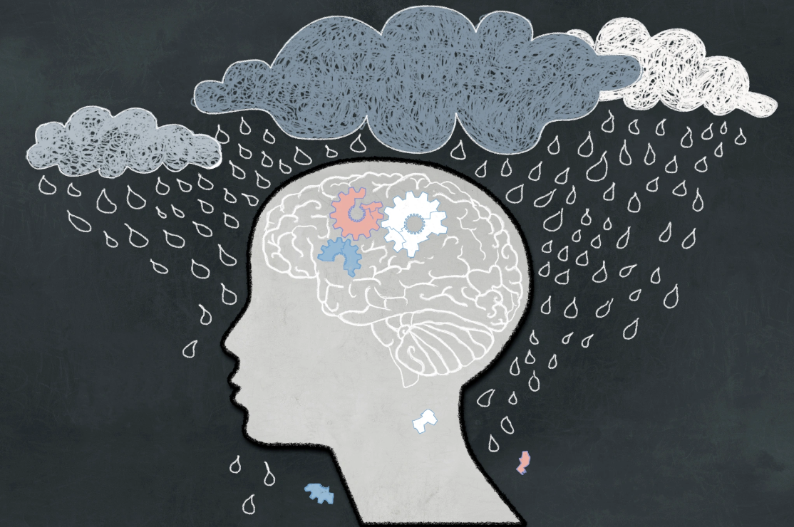A chalk-style illustration of a human head in profile with a brain containing colorful gears, surrounded by storm clouds and falling rain, representing the mental and neurological impact of trauma on the nervous system as explored in Malachi Gillihan