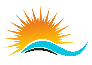 Logo for Malachi Gillihan's trauma specialist practice, featuring a rising sun with golden rays above a flowing teal wave, symbolizing hope, renewal, and healing