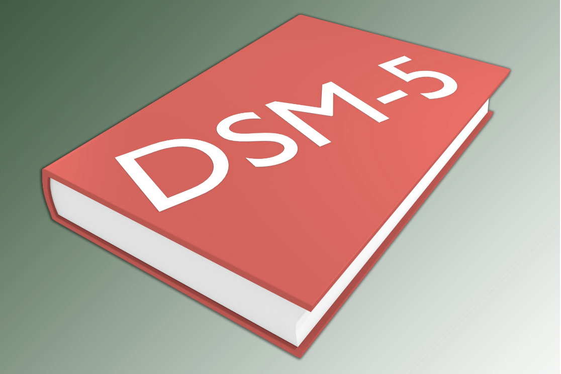 An illustrated rendering of the DSM-5, the Diagnostic and Statistical Manual of Mental Disorders, referenced as an educational resource in the context of trauma and PTSD diagnosis on the Malachi Gillihan website